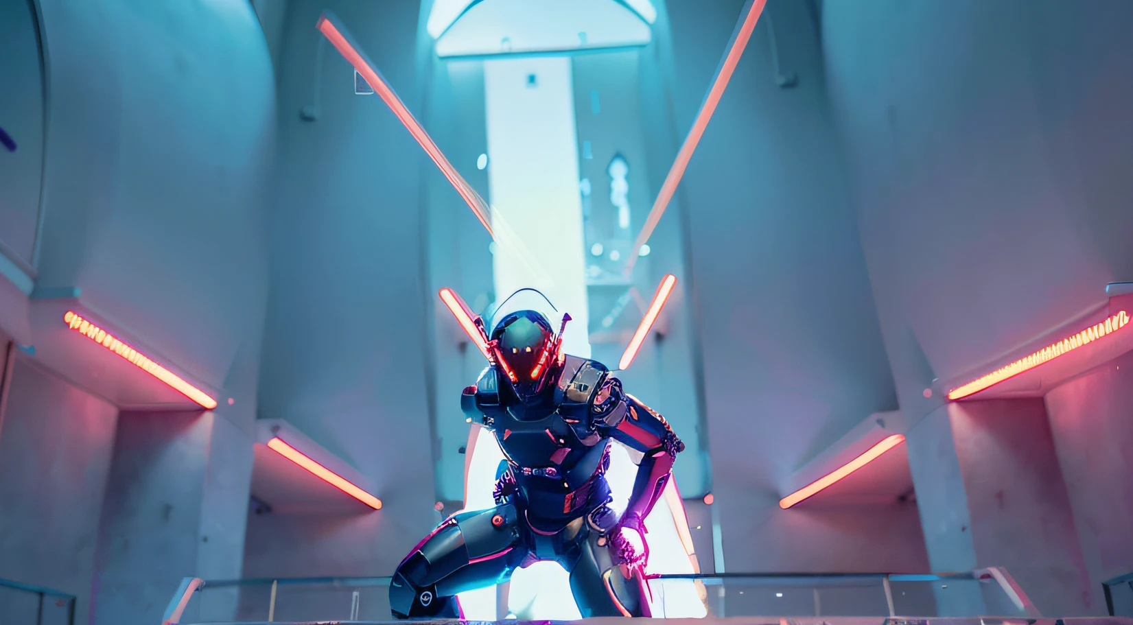 divine paradise. heavenly illumination. God. Holy robotic. Flying. Position of Jesus Christ. Floating in a cathedral. strong, robust and masculine body. fat arms. Position of divinity. Floating. flying. masterpiece, best quality, a close up of a futuristic looking cyborg man with a fantastic cyber helmet head with red and blue triangle led lights and a halo, full body, dancing. dance. synthwave ballad. silver pants. wearing a red and blue techwear jacket, white church in background. jump, full body, robotic legs.