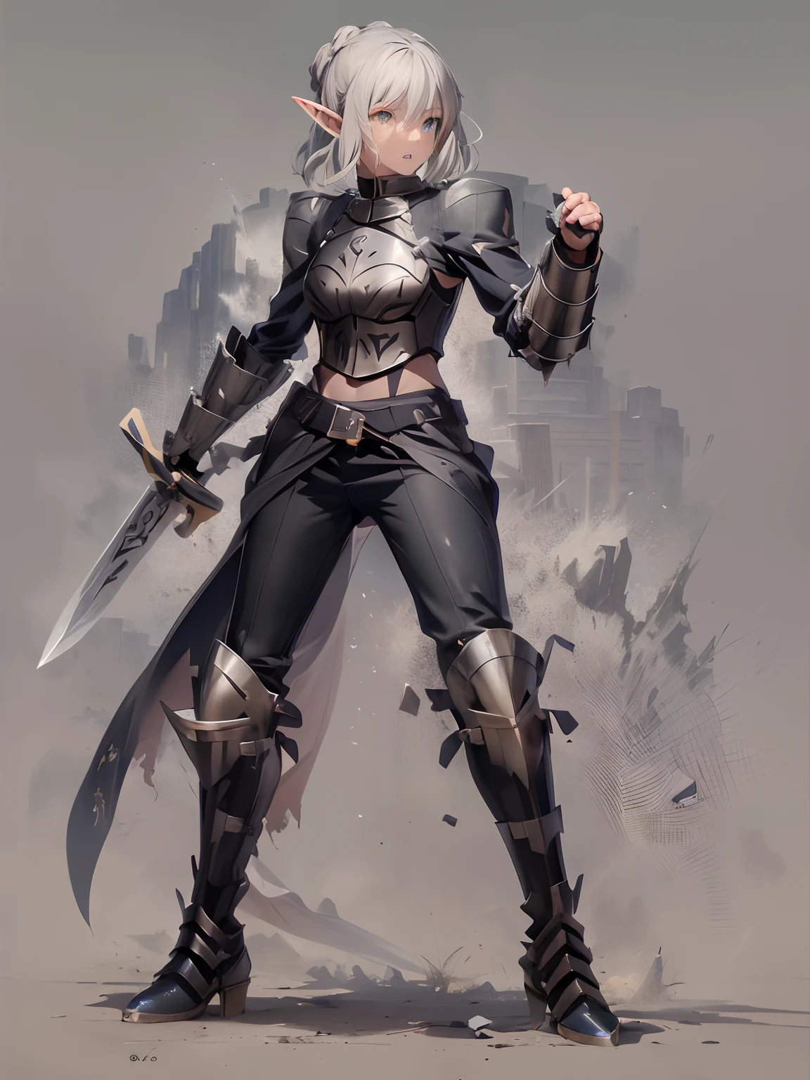 elf woman warrior, light grey skin mutation, short silver hair, "solid colored black eyes, black loose pants, knee high leather boots, in a demonic breastplate armor on torso, with bandolier of dagger across torso, holding a black and silver longsword, fighting pose, full body,