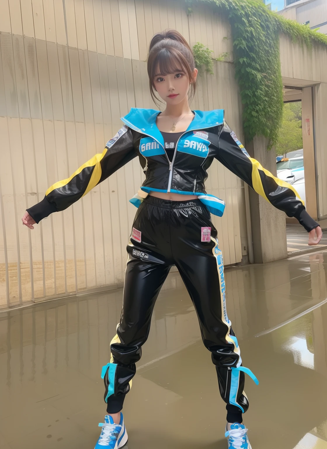 Race Queen Idol、Good Style、Brown Hair Ponytail、Glossy shorts、、Idol face、very large breast、、jaket、Glossy light blue top