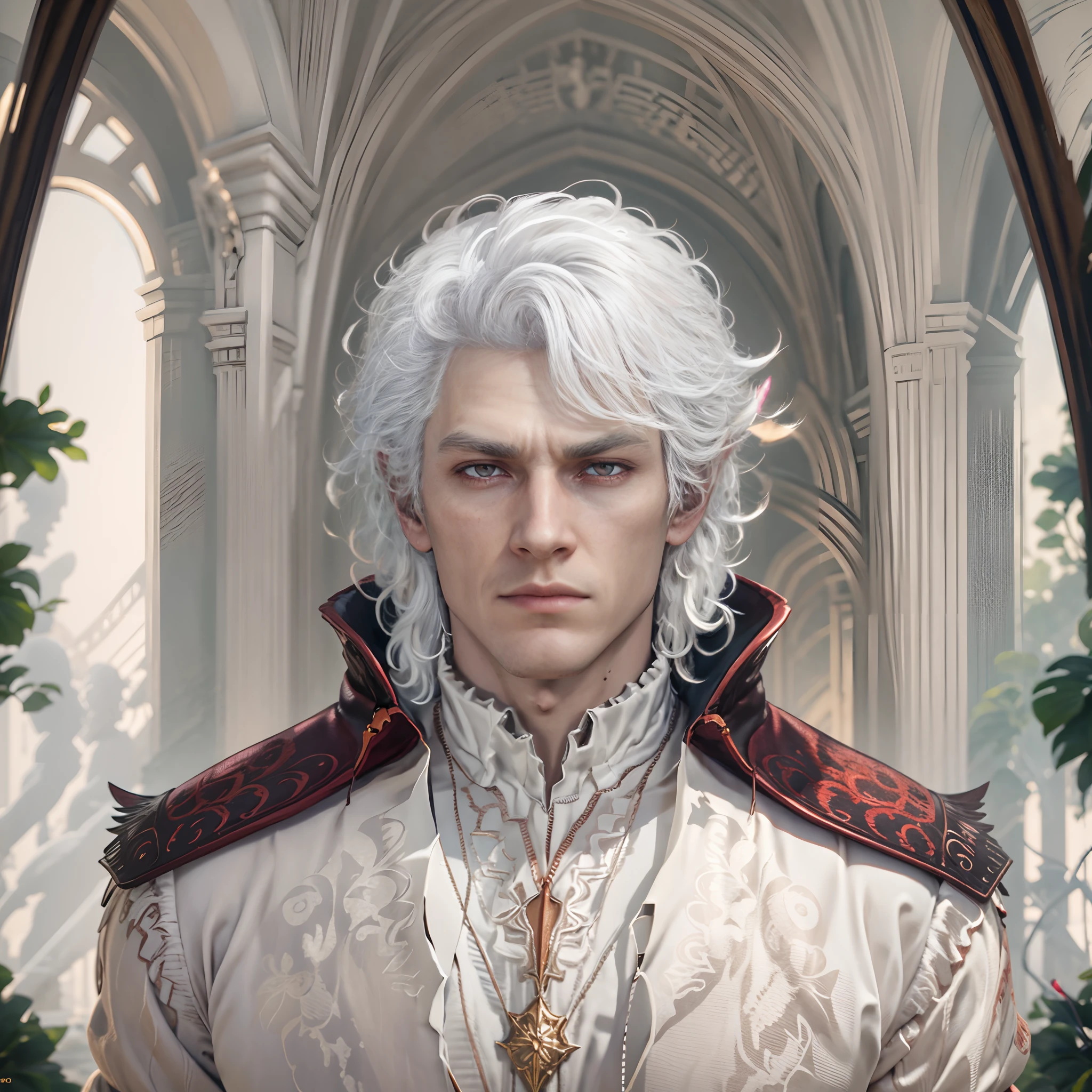 Astarion, handsome male, white hair, red eyes, portrait, close up, serious face, in a fancy mansion,