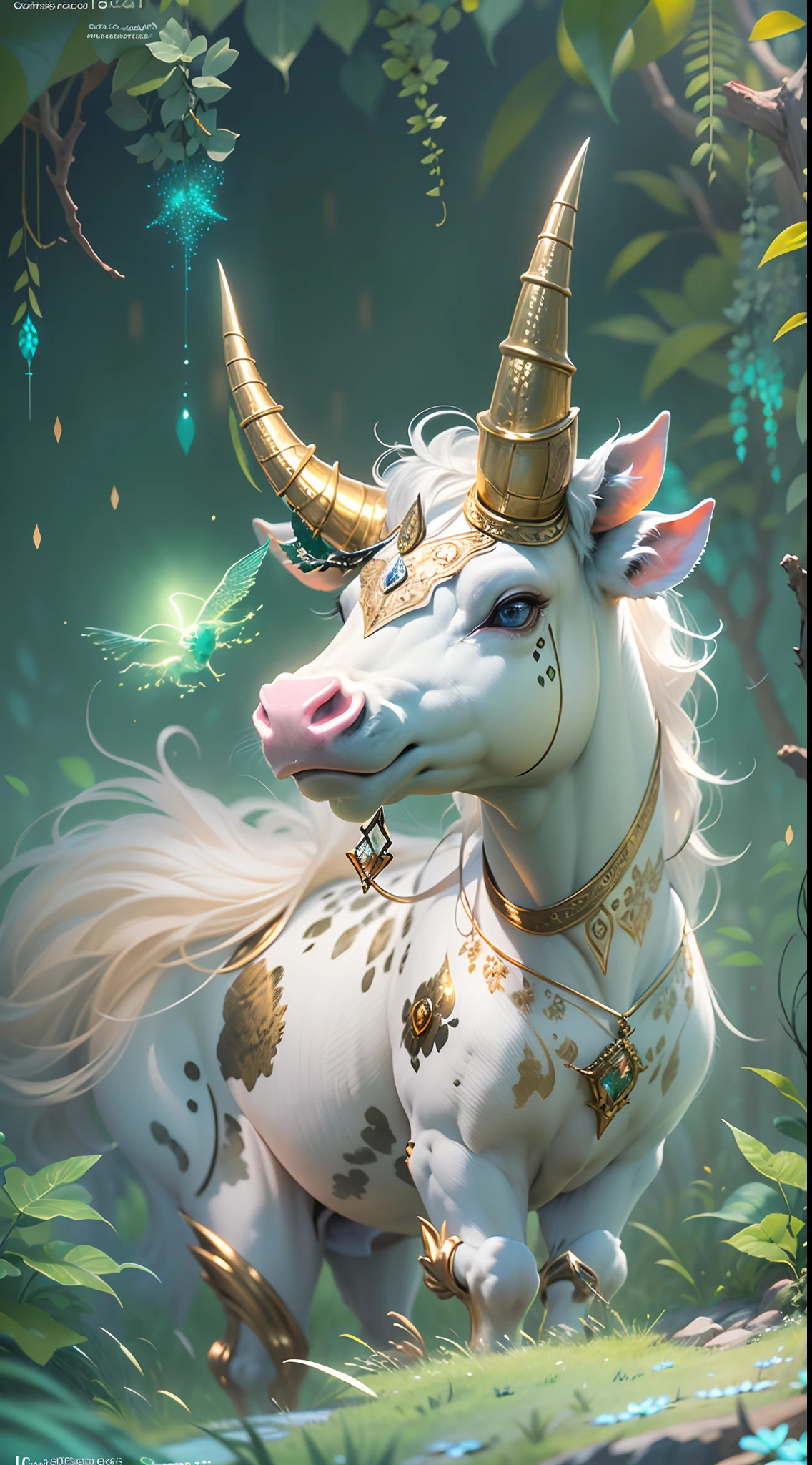 (((masterpiece))), (((best quality))), ((ultra-detailed)),(highly detailed CG illustration), ((an extremely delicate and beautiful)),cinematic light. This image is highly detailed, semi-realistic fantasy art with beautiful shimmer, glimmer, and glitter. Create a beautiful and graceful fantasy cow-unicorn. The creature should have the best features of both unicorn and cow. The creature is cute and graceful and elegant. Its eyes are highly detailed, with realistic shading and realistic details. Its fur is beautiful and shimmering.