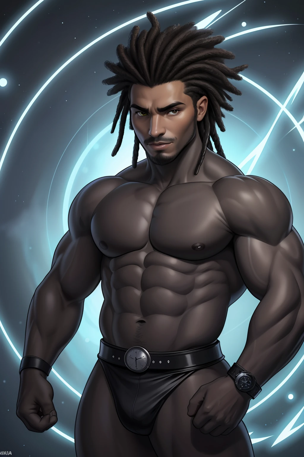 Create an image of a black ninja after an apocalypse in the future afro hair falling forward, Rasta type but braided,tiro de corpo inteiro, tiro de corpo inteiro, , Lightning in the sky, arms extended, olhando para frente, parado no topo de uma montanha, manto e capa vermelhos, cruz brilhante no ar. ,Arte Luz Neon, no escuro da noite, Um navio alto navega pelos mares iluminados pela ,............lua, estrelas, Colouring, circunstanciado, 4k A closeup of a man holding a scale with a watch, libra symbol, zodiac libra sign, Libra, advogado, advogado de defesa, accurate court, Justice, lei alinhada, imagem de perfil, Estatura completa, imagem profissional, imagem do avatar, Direito - alinhado, equilibrium, good proportions