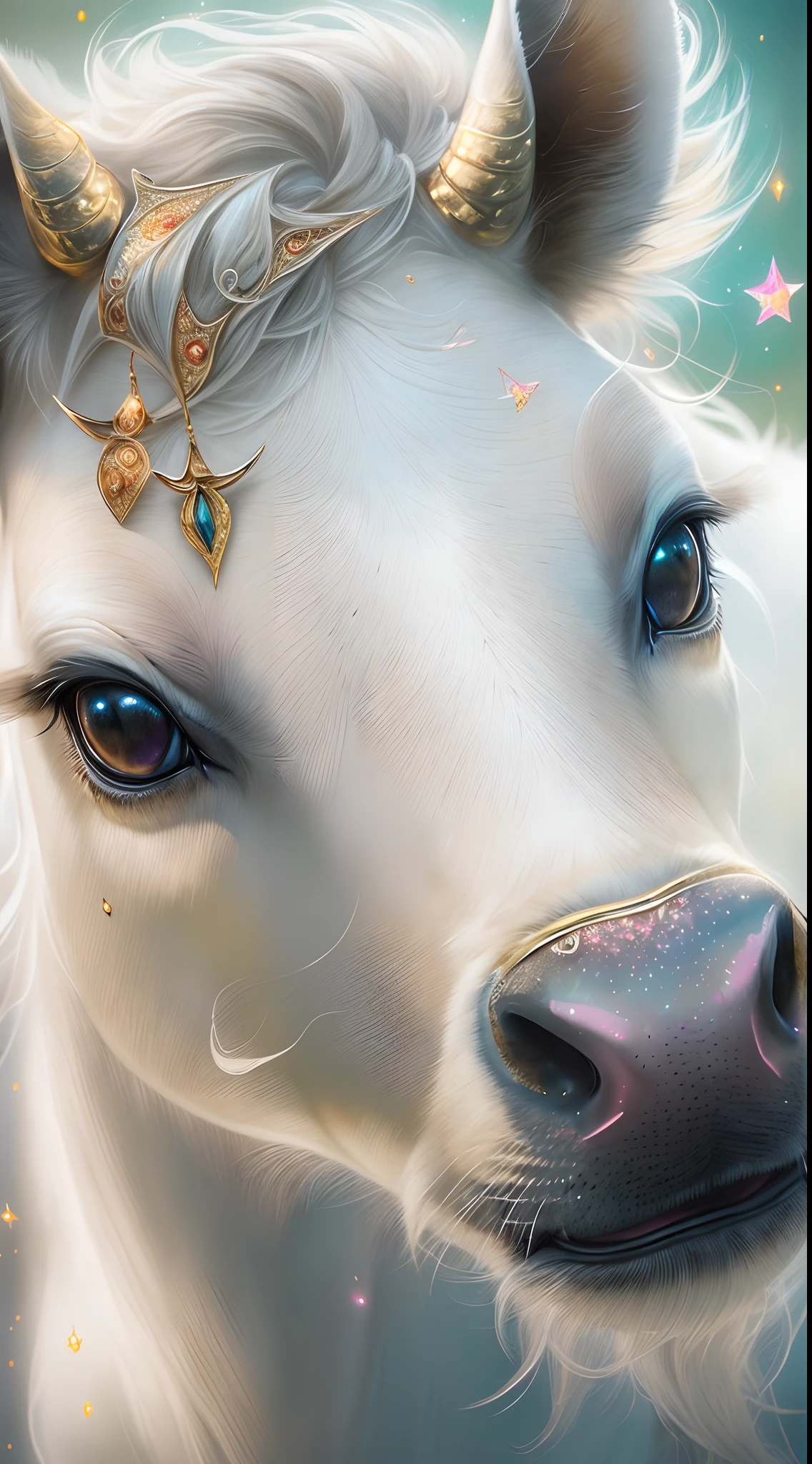 (((masterpiece))), (((best quality))), ((ultra-detailed)),(highly detailed CG illustration), ((an extremely delicate and beautiful)),cinematic light. This image is highly detailed, semi-realistic fantasy art with beautiful shimmer, glimmer, and glitter. Create a beautiful and graceful fantasy cow-unicorn. The creature should have the best features of both unicorn and cow. The creature is cute and graceful and elegant. Its eyes are highly detailed, with realistic shading and realistic details. Its fur is beautiful and shimmering.
