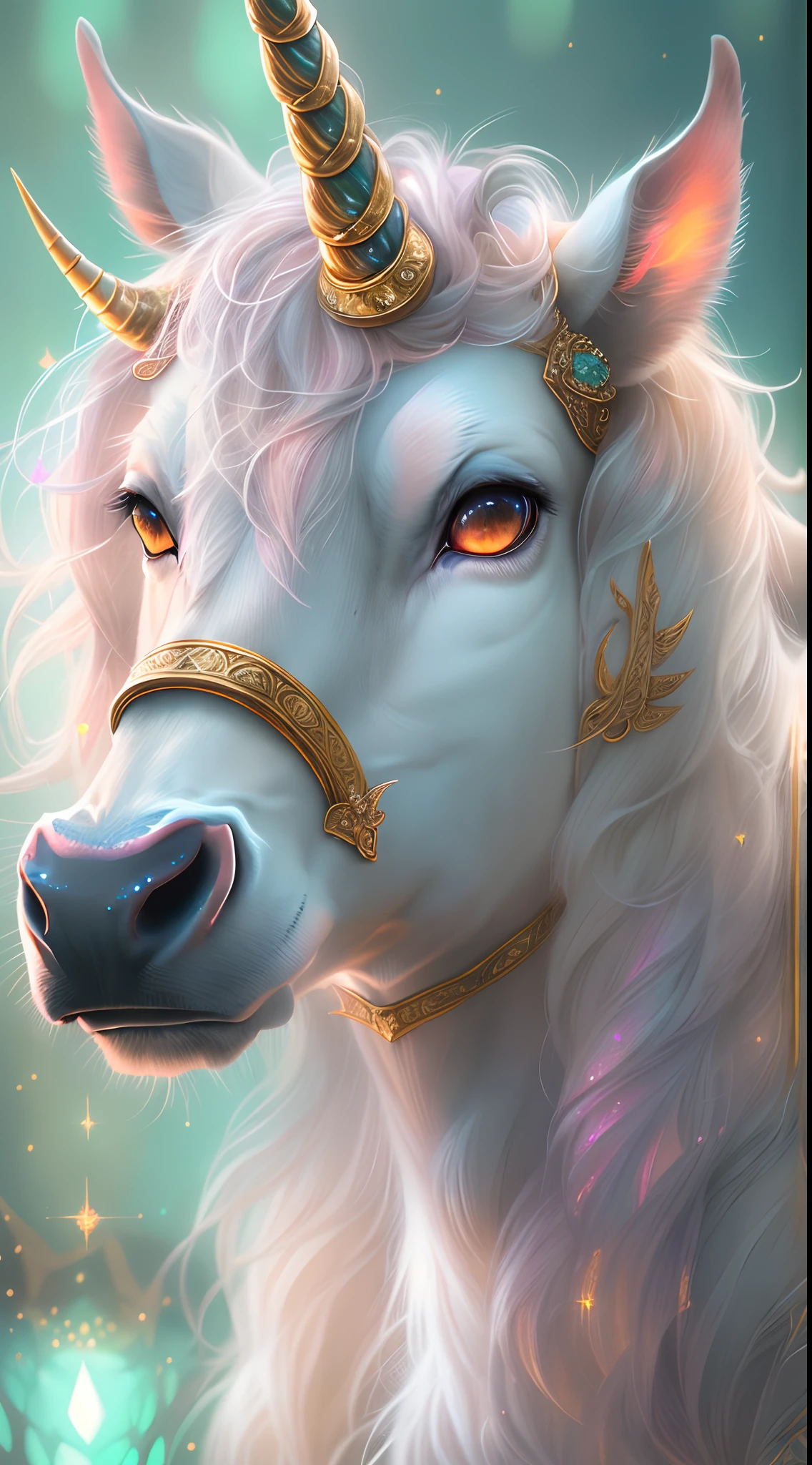 (((masterpiece))), (((best quality))), ((ultra-detailed)),(highly detailed CG illustration), ((an extremely delicate and beautiful)),cinematic light. This image is highly detailed, semi-realistic fantasy art with beautiful shimmer, glimmer, and glitter. Create a beautiful and graceful fantasy cow-unicorn. The creature should have the best features of both unicorn and cow. The creature is cute and graceful and elegant. Its eyes are highly detailed, with realistic shading and realistic details. Its fur is beautiful and shimmering.