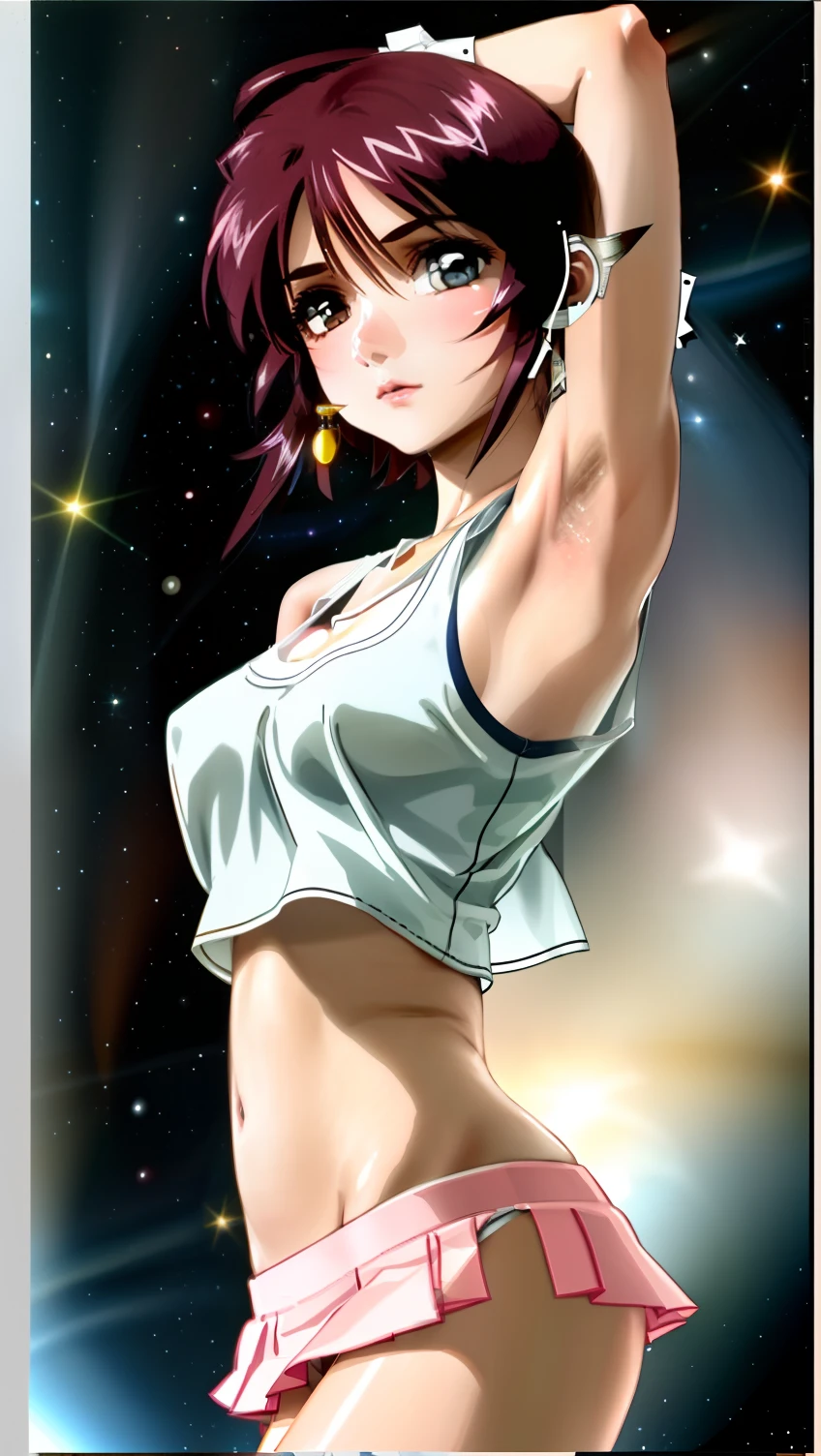 Lunamaria、rialistic photo、Real Images、Top image quality、Close up portrait of a person in a skirt and tank top,beautiful thigh、White panty、Beautiful facial features、Beautiful navel、beautiful boob、teens girl, portrait anime space cadet girl, realisticlying