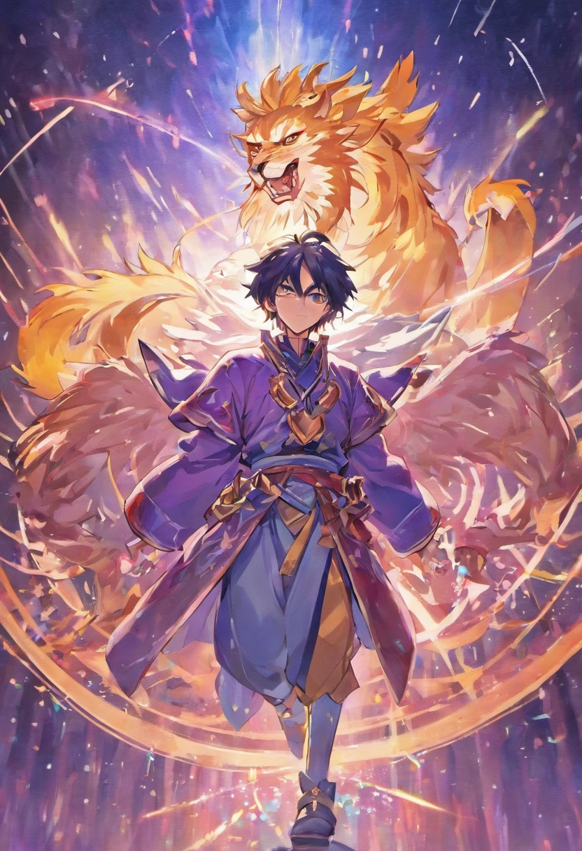 , Homem adulto, Homem fera, Nian Fera，A besta maligna da mitologia popular chinesa e lenda, In the form of a hybrid of a lion and a man，Tamanho Enorme，Firstborn unicorn，Ele tem pelo branco de neve，Pink and white footprints appear everywhere they go, homem forte, homem.