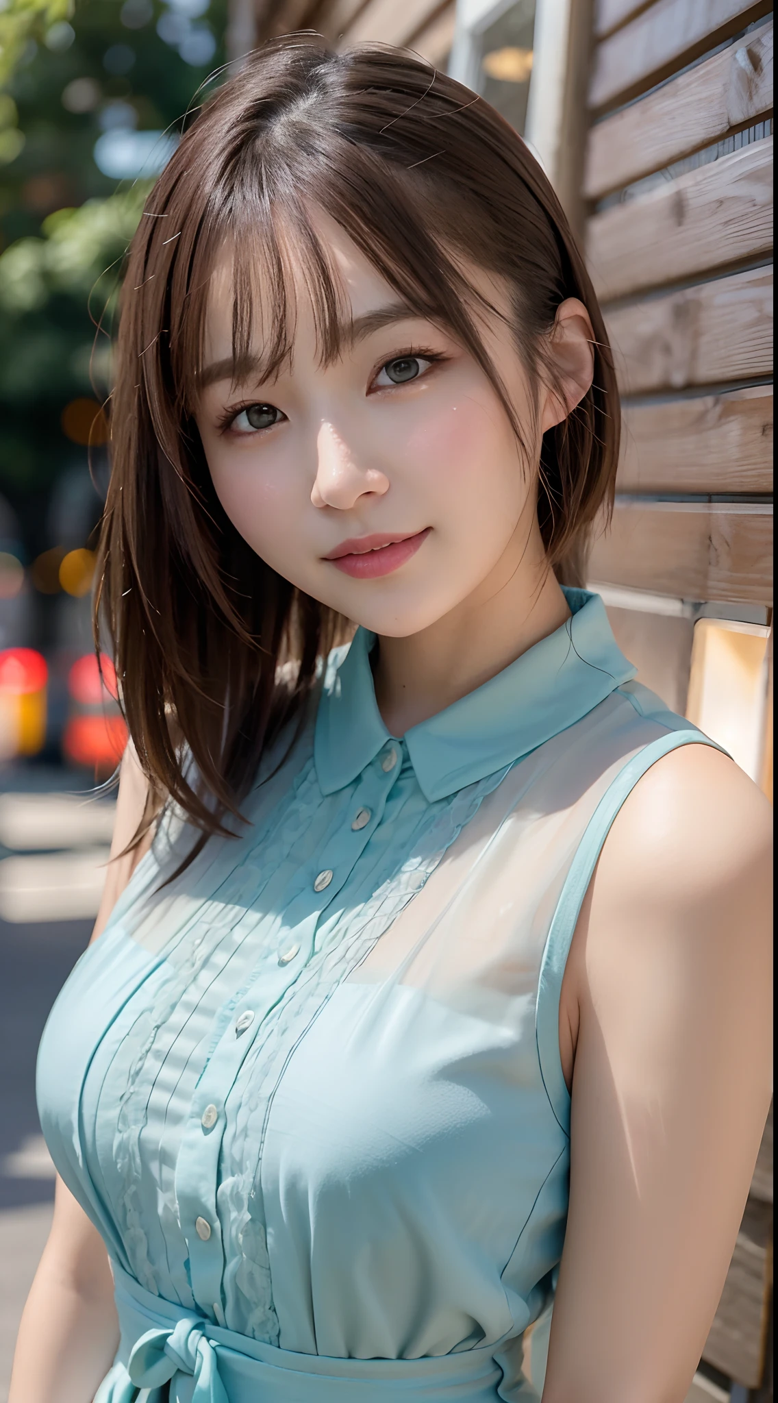 (skin blemish:1.2), (skindentation), black eye, 1woman, 25yo, (((woman))), solo, realistic, best quality, photorealistic, masterpiece, 8k, high res, solo, extremely detailed face, (professional lighting, bokeh), (light particles, lens flare, glowing particles:0.6), (dynamic pose:1.2), soft lighting, top angle view, fashionable and trendy atmosphere, japan, street, tokyo, harbour, skytree, tokyo tower, ((daytime)), sky, ((looking at the viewer:1)), (looking at the camera),(portrait:0.6), cowboy shot, gorgeous, standing, keep original facial proportion, wide shoulder, full body, (medium breast), (medium hair), brown hair, floating hair, lips, lipstick, seductive smile, floating hair, smile, open_mouth, teeth, blouse, (flowery pattern summer dress:1), eyelashes, mole, (mole under eye:1),