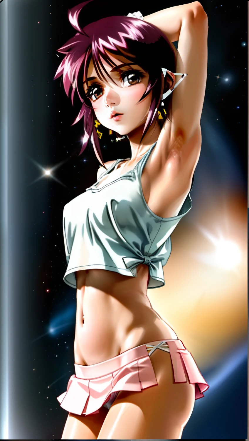 Lunamaria、rialistic photo、Real Images、Top image quality、Close up portrait of a person in a skirt and tank top,beautiful thigh、White panty、Beautiful facial features、Beautiful navel、beautiful boob、s girl, portrait anime space cadet girl, realisticlying