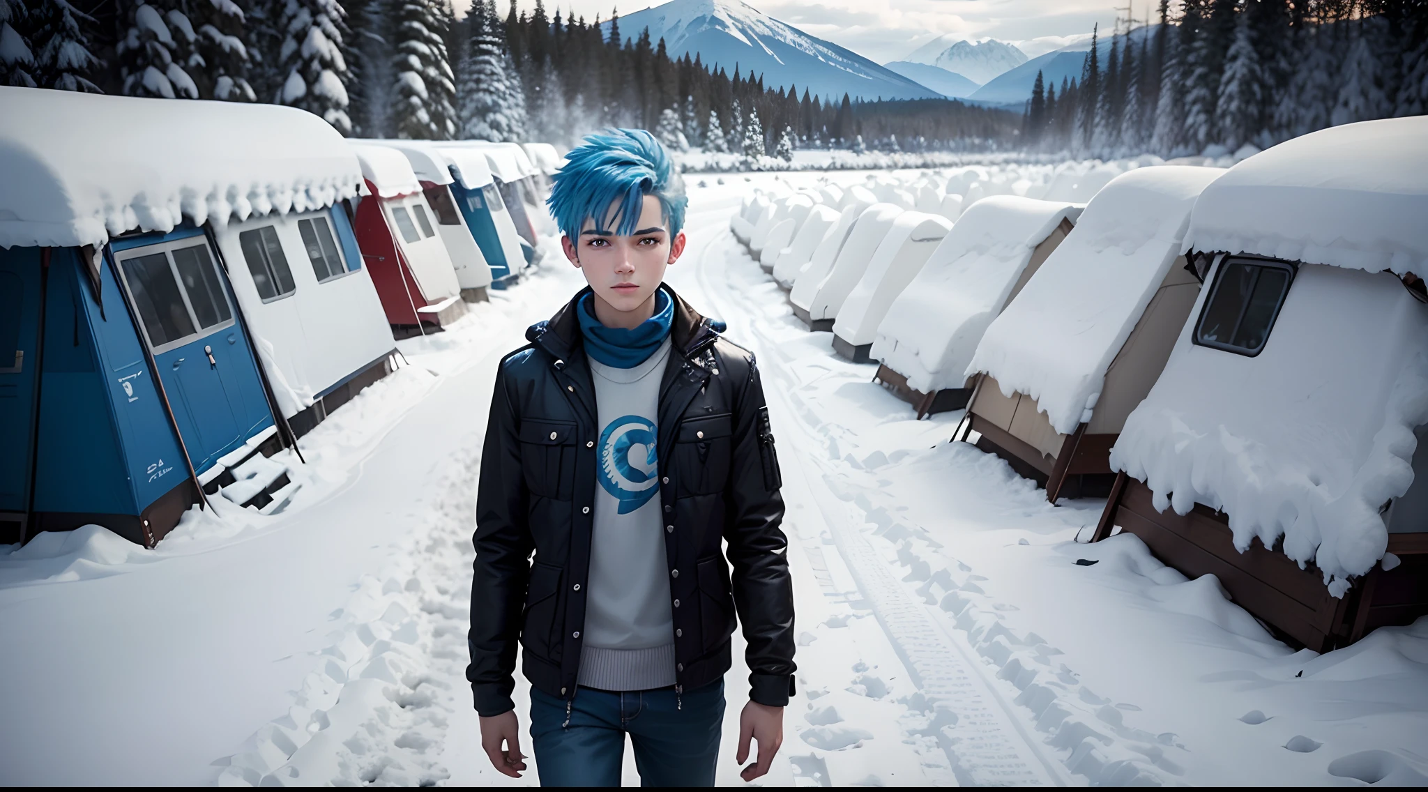 a young man with blue hair standing in the snow, by Michael Sutfin, featured on cg society, vancouver school, shot on sony a 7 iii, beautiful avatar pictures, camp half-blood, jeremy elbertson
