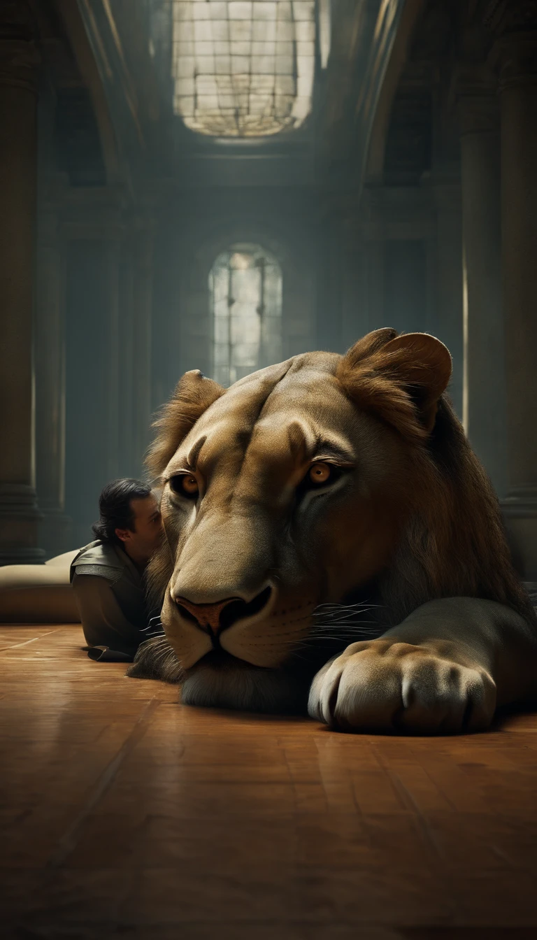 (Destacado、profissional、surreal)、espada detalhada, Espada longa, Duan Ping, metal texture, lying on floor. A man with a lion's head.