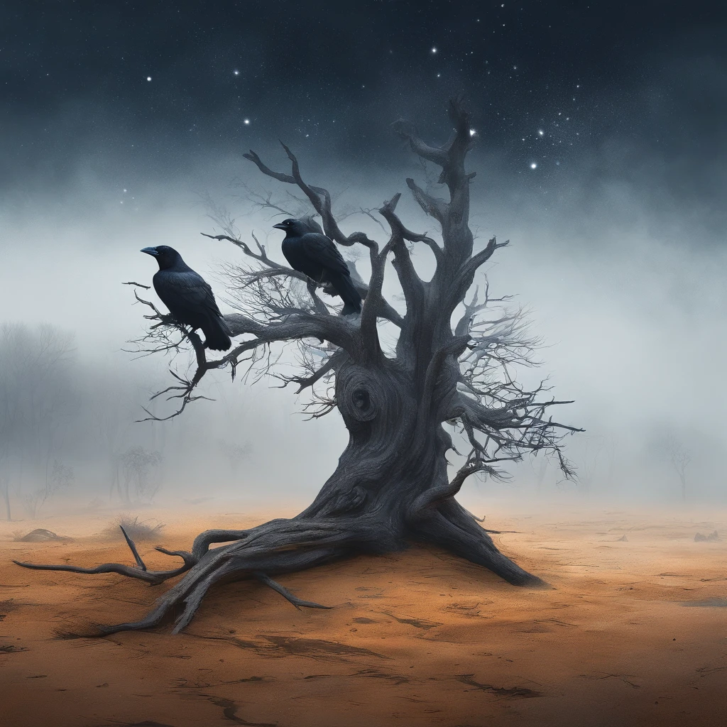 Two crows on a dead tree, A shadow shaped like a walker, Starry night, Thick fog on the ground, Blue light on the horizon, Unreal Engine 5, Cinematic, low angle photography, Motion blur, Depth of field, Dust, Cobblestones and dirt. Splash Art, dripping paint. Perfect color grading. Influenced by Karel Appel and Jeremy Mann, Full of dramatic and threatening scenes, Hyper-detailed, Beautiful, insanely details, Intricate details, editorial photography, shot with a 50mm lens, Depth of field, Tilt Blur, Shutter speed 1/1000, f/22. Lightmaps, Super bright