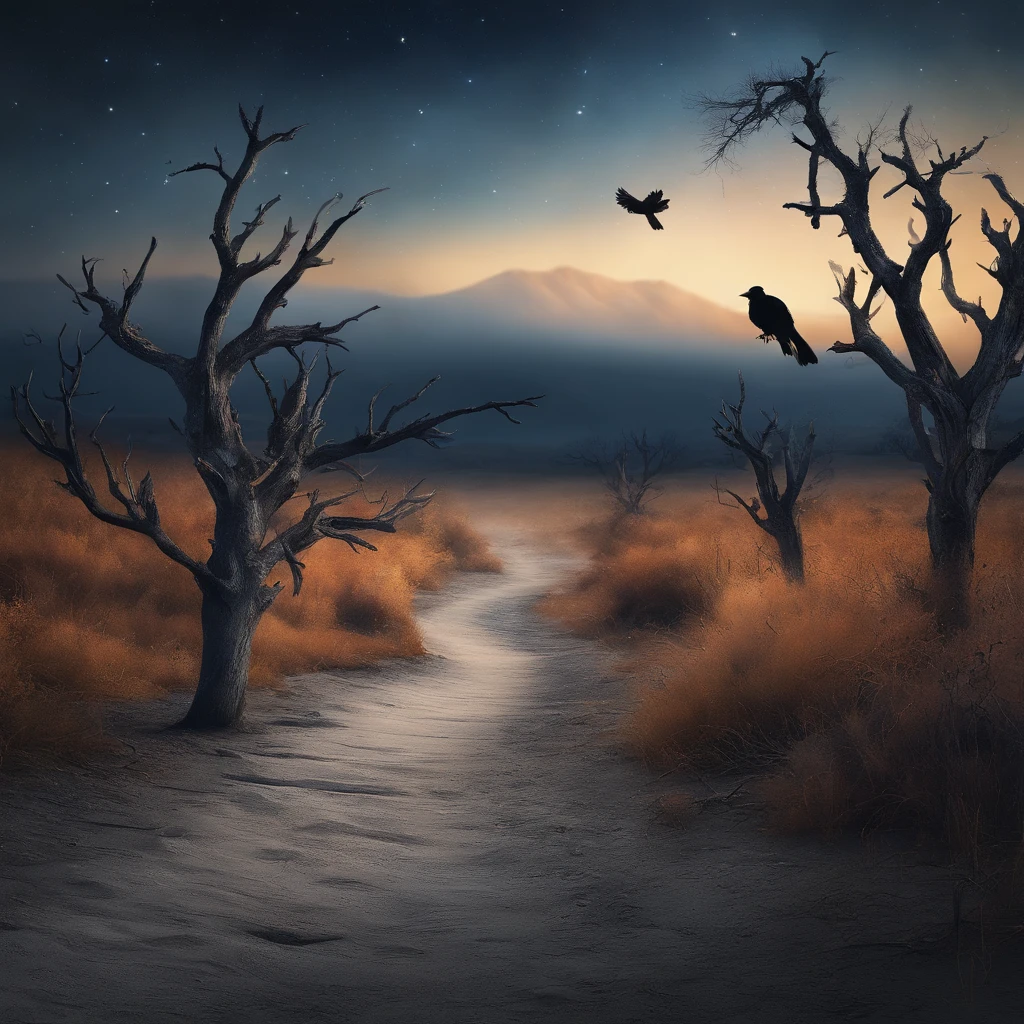 Two crows on a dead tree, A shadow shaped like a walker, Starry night, Thick fog on the ground, Blue light on the horizon, Unreal Engine 5, Cinematic, low angle photography, Motion blur, Depth of field, Dust, Cobblestones and dirt. Splash Art, dripping paint. Perfect color grading. Influenced by Karel Appel and Jeremy Mann, Full of dramatic and threatening scenes, Hyper-detailed, Beautiful, insanely details, Intricate details, editorial photography, shot with a 50mm lens, Depth of field, Tilt Blur, Shutter speed 1/1000, f/22. Lightmaps, Super bright