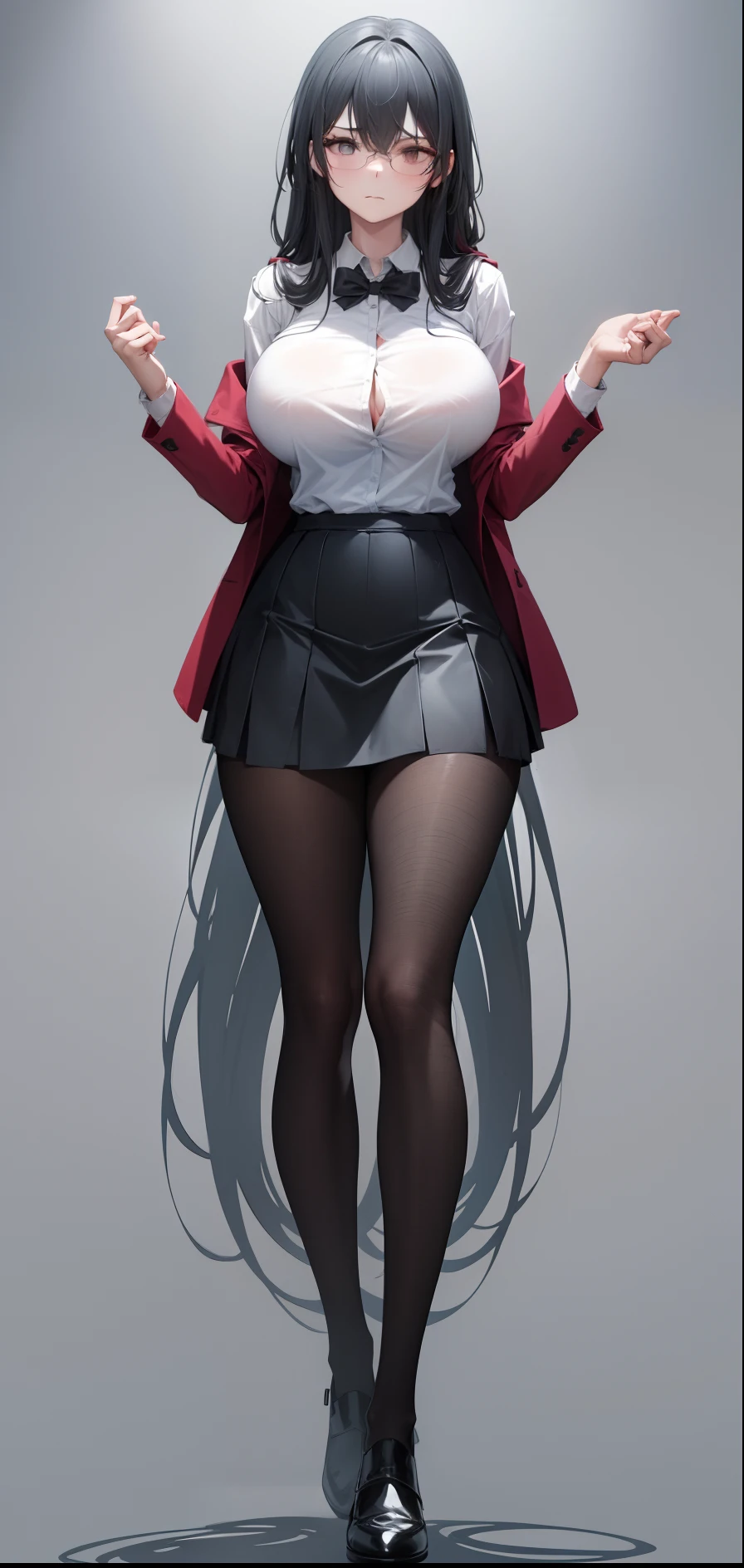 1girl,huge breasts, very long hair,open jacket,white shirt, closed shirt,skirt, standing, sadistic expression, emotionless, no mercy,
