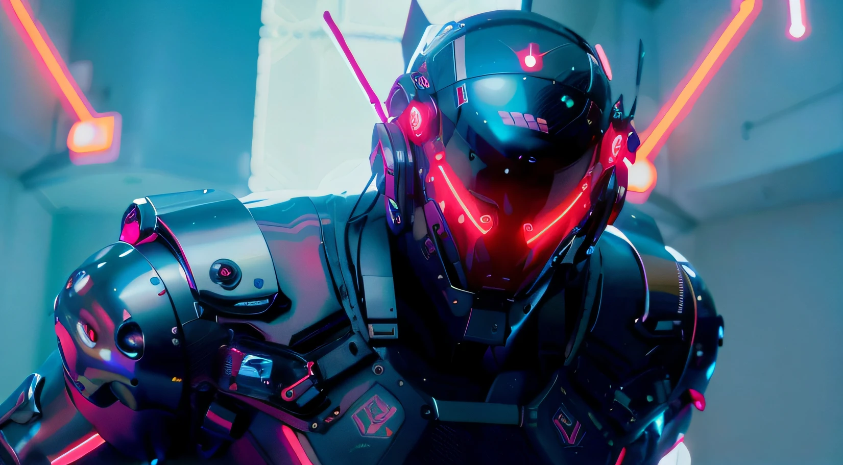 divine paradise. heavenly illumination. God. Holy robotic. Flying. Position of Jesus Christ. Floating in a cathedral. strong, robust and masculine body. fat arms. Position of divinity. Floating. flying. masterpiece, best quality, a close up of a futuristic looking cyborg man with a fantastic cyber helmet head with red and blue triangle led lights and a halo, full body, dancing. dance. synthwave ballad. silver pants. wearing a red and blue techwear jacket, white church in background. jump, full body, robotic legs.