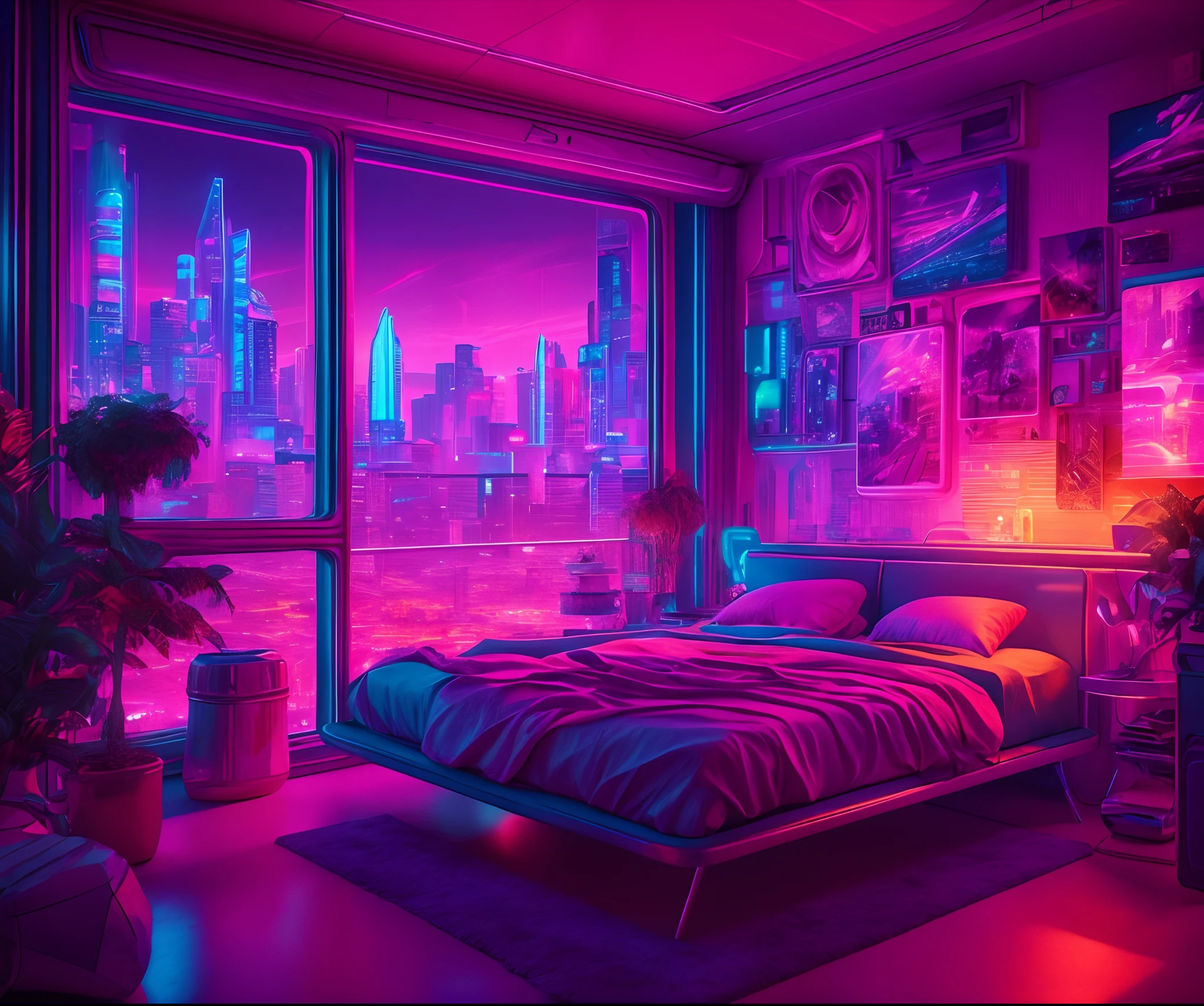 ((masterpiece)), (ultra-detailed), (intricate details), (high resolution CGI artwork 8k), Create an image of a small retro-futuristic and realistic vaporwave cyberpunk (bedroom) at night time. One of the walls should feature a big window with a busy, colorful, and detailed (cyberpunk), synthwave, neon cityscape. The city should have a futuristic style with lots of colors, neon lights, signs, and differently-sized buildings. The cityscape should be extremely detailed with depth of field. The city should have a lot of visual interest with many small details. Utilize atmospheric and ambient lighting to create depth and evoke the feel of a busy futuristic city outside the window. Pay close attention to details like intricate, hires eyes and 90s bedroom accents. Camera: wide shot showing the bed or desk and the window. The window should be the focal point of the image. Lighting: use atmospheric and volumetric lighting to enhance the cityscape details. The room should be illuminated by the neon lights from the cityscape.