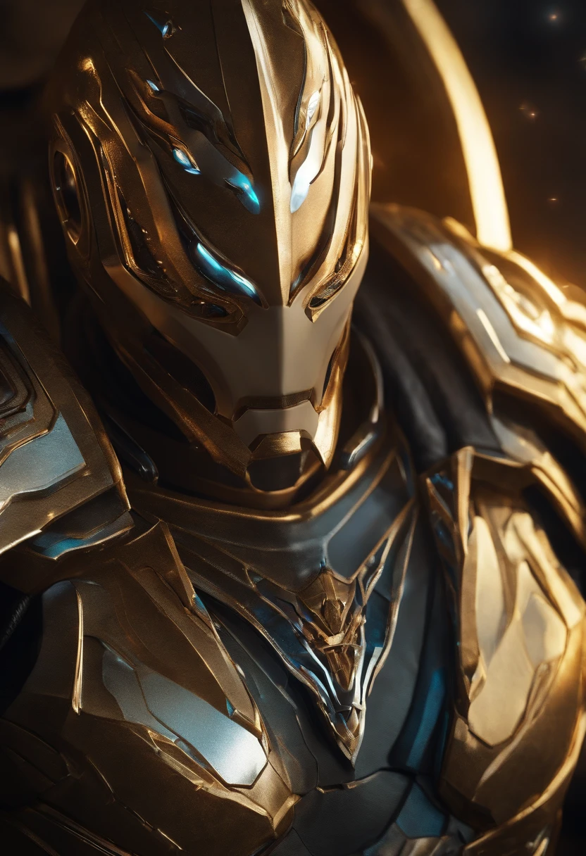 Super heroi, armadura, olhos claros brilhantes, Biomechanicals, estranho, assustador, Pesadelo, cores muito brilhantes, light particles, com luz brilhante