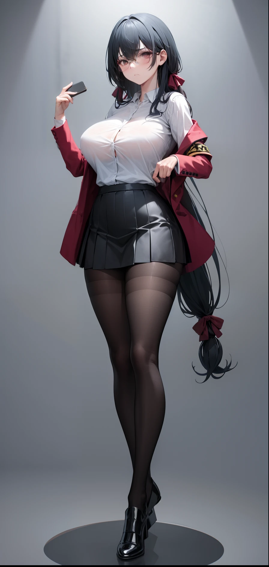 1girl,huge breasts, very long hair,open jacket,white shirt, closed shirt,skirt, standing, sadistic expression, emotionless, no mercy,