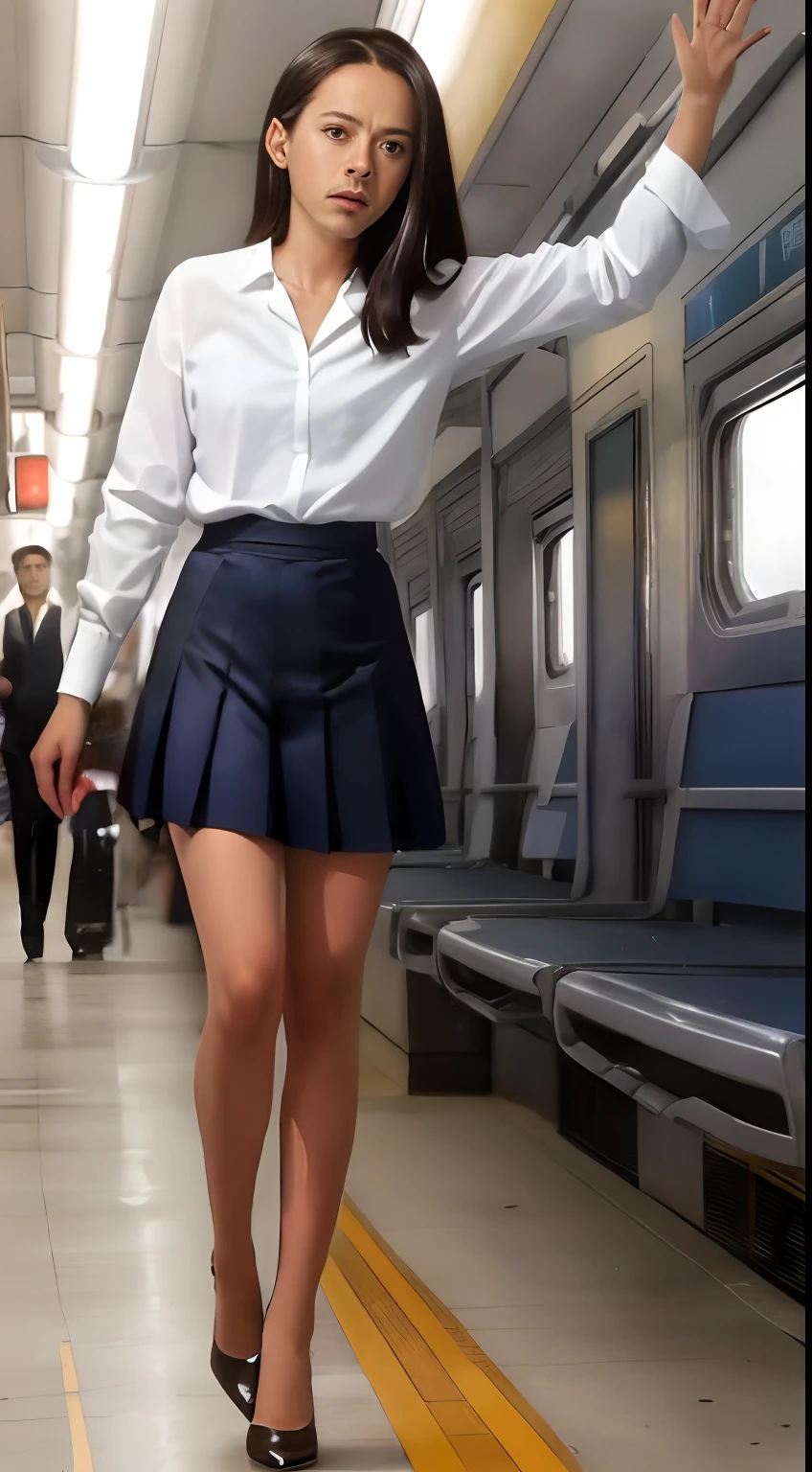 ((Robert Downey as a 14 year old pre-teen girl)), long blouse, tiny pleated skirt, waist-high black tights, high heels, full body photo, very fair skin, shaved hair, busy train car, photorealistic, indirect lighting, volumetric light, ray tracing, hyperdetailed