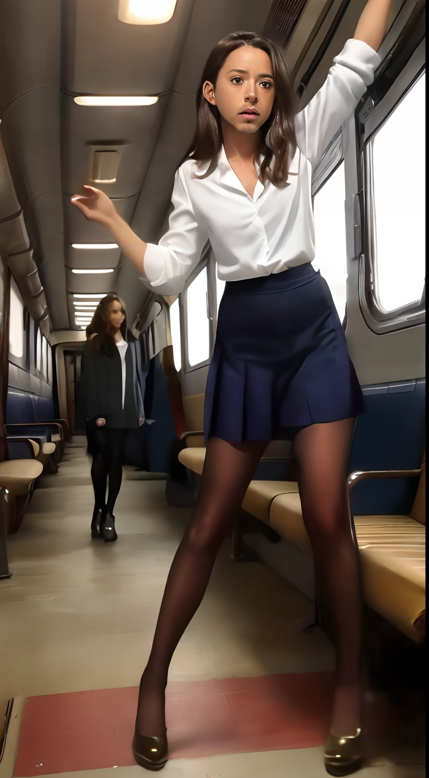 ((Robert Downey as a -teen girl)), lolouse, tiny pleated skirt, waist-high black tights, high heels, full body photo, very fair skin, shaved hair, busy train car, photorealistic, indirect lighting, volumetric light, ray tracing, hyperdetailed