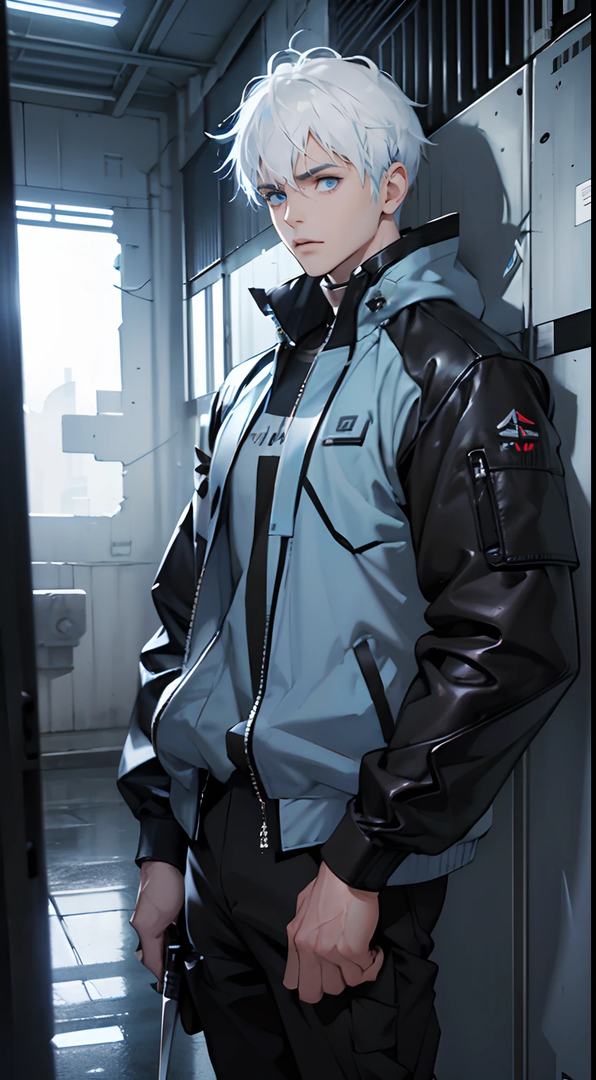 ((Best Quality)), ((Masterpiece)), (Detail: 1.4), 3D, Beautiful Cyberpunk Image, HDR (High Dynamic Range), Ray Tracing, NVIDIA RTX, Super Resolution, Unreal 5, Subsurface Scattering, PBR Texture, Post-Processing, Anisotropic Filtering, Depth of Field, Maximum Sharpness and Sharpness, Multi-layer Texture, Albedo and Highlight Mapping, Surface Coloring, Mitsu-Accurate Simulation of Material Interactions, Perfect Proportions, Octane Rendering, ((wearing a mix of Sword art online and futuristic clothing)) , Two-color Light, Large Aperture, Low ISO, white balance, regular three-point, 8K RAW, beautiful bright pupils, fine pupils, artistic sense, casual wear, high-end sense,(( wearing light blue , white , black)) , Handsome man , White hair , very Short hair, ((crew cut hair style:1 )) , Blue eyes , light skin , ((muscular:1)),masculine ,age 28