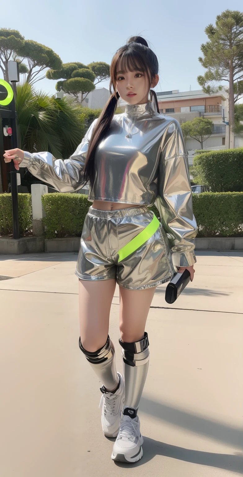 Idol、Good Style、poneyTail、Shiny Silver Fashion(Fluorescent yellow line)、、Idol face、very large breast、Glossy Silver Top、jaket、Shorts、