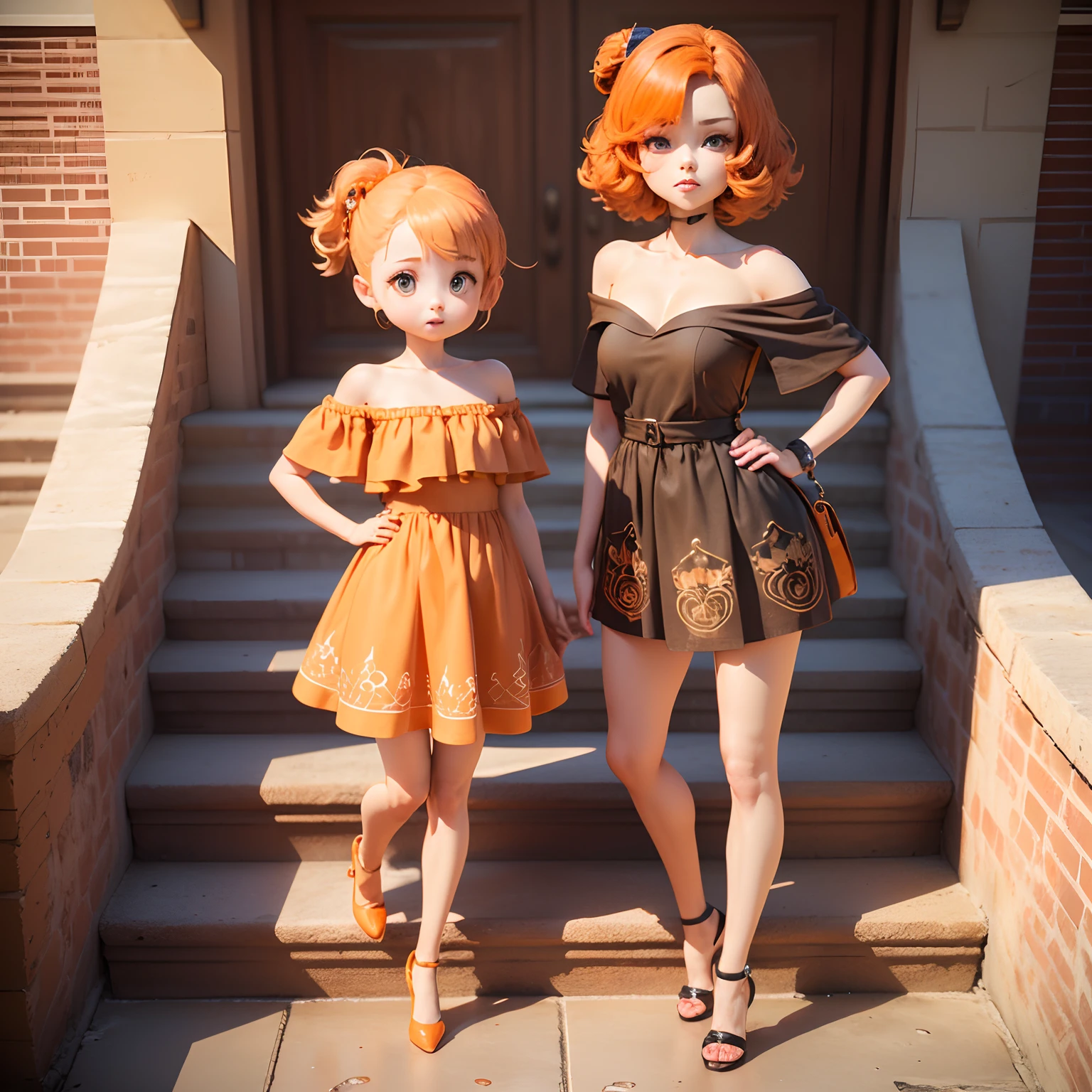 1 Cute Chibi Anime、(((chibi 3d)))(Best Quality),(masutepiece)、Orange Virginage Hair、(Brown Jasper Pattern Off Shoulder Dress:1.4)、Put one hand on your hip、Stand with your legs open、Orange Heel、Orange shoulder bag、takeout、Long brick staircase、a small face、petibody