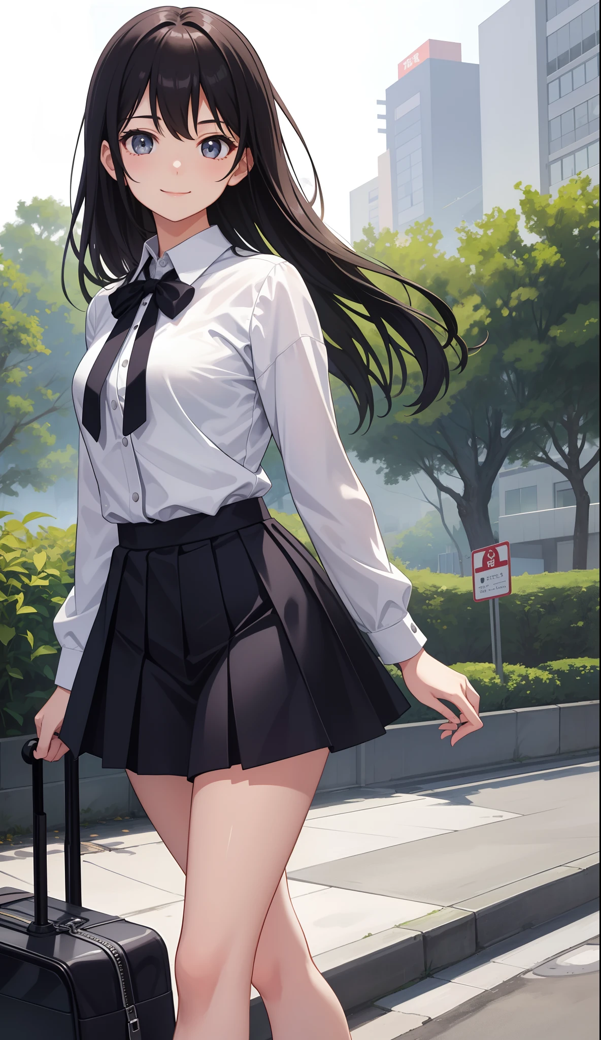 One girl turning around, Black Hair、Twin tails,Scrunchie、Invite your audience、high school girl、、JK、White blouse、Pink Sweater、Moe sleeves、Plaid、mini skirt、Laughing、The tips are heavy、Beautiful fingers、Full breasts、The button is off、I can see the valley、White underwear、Panty shot、Just the right thighs、Wearing loafers、Going home、Black knee-high socks、Schoolyard、Skirt fluttering in the wind、Iris、Beautiful buttocks、masterpiece, highest quality, Very detailed