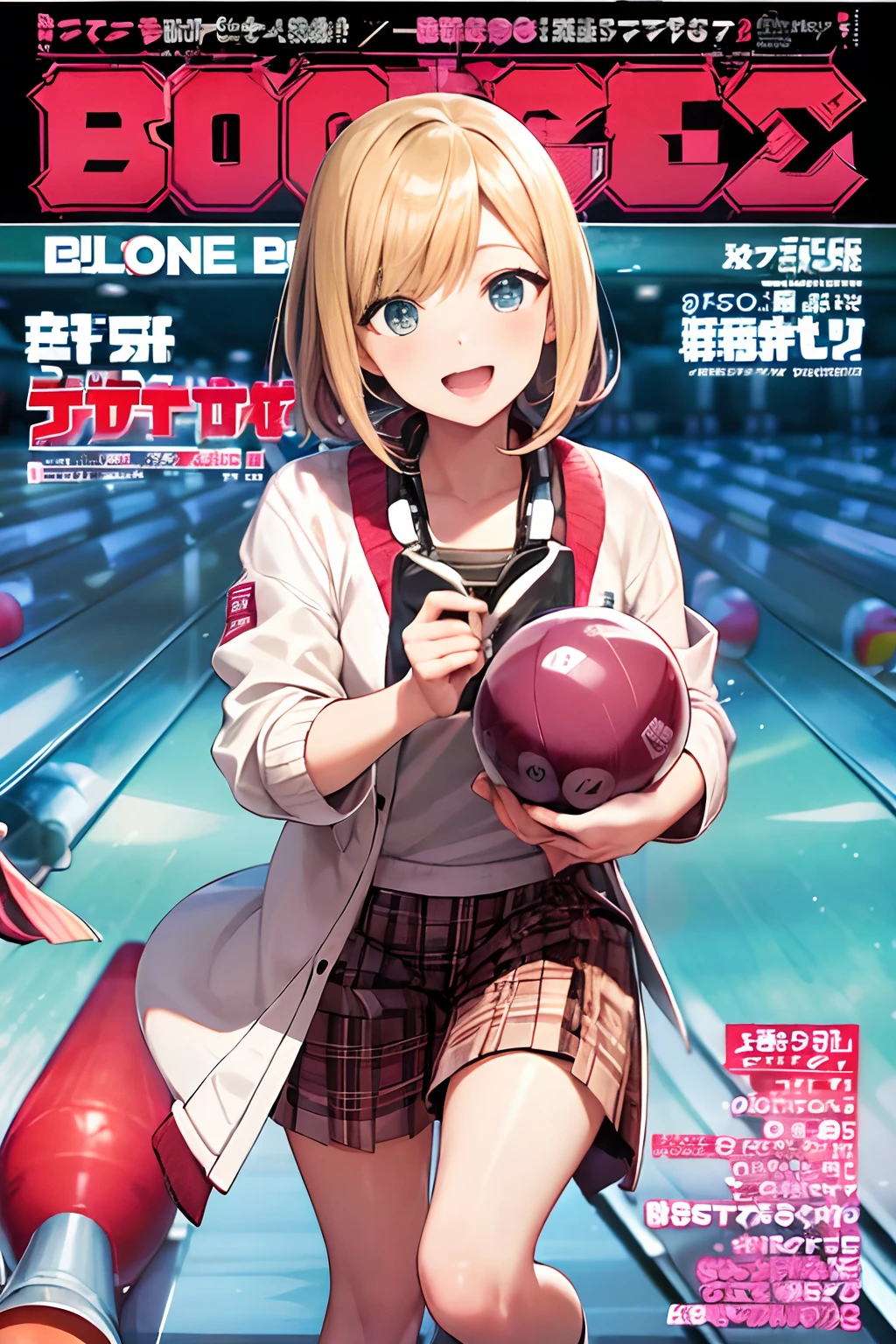 (bowling Magazine cover:1.4){{{{{masutepiece,Best Quality,ultra-detailliert}}}}},Happy laughter,1 woman,Beautiful eyes,Cute face,Flint jacket and plaid shorts,Walking,holding flower bouquet,knee high socks
