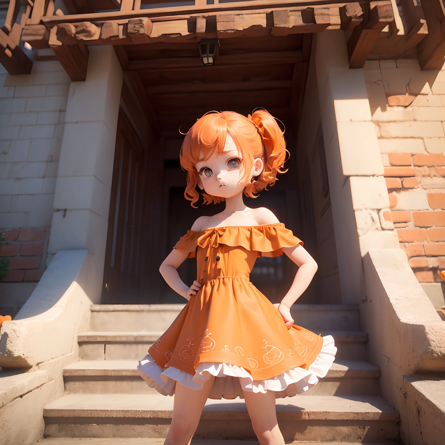 Cute Baby Chibi Anime、(((Chibi 3D)))(Best Quality),(masutepiece)、Orange Bargeage Hair、(Brown Jasper Pattern Off Shoulder Dress:1.4)、Put one hand on your hip、Stand with your legs open、Orange Heel、Orange shoulder bag、takeout、Long brick staircase、a small face、petite body