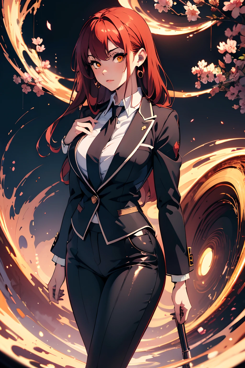 (Best quality, Masterpiece:1.2), Ultra detailed, 1girll, red tinted hair，Business suit，tiese，high-waist pants，Orange spiral eyes，blossoms，with black background，makima