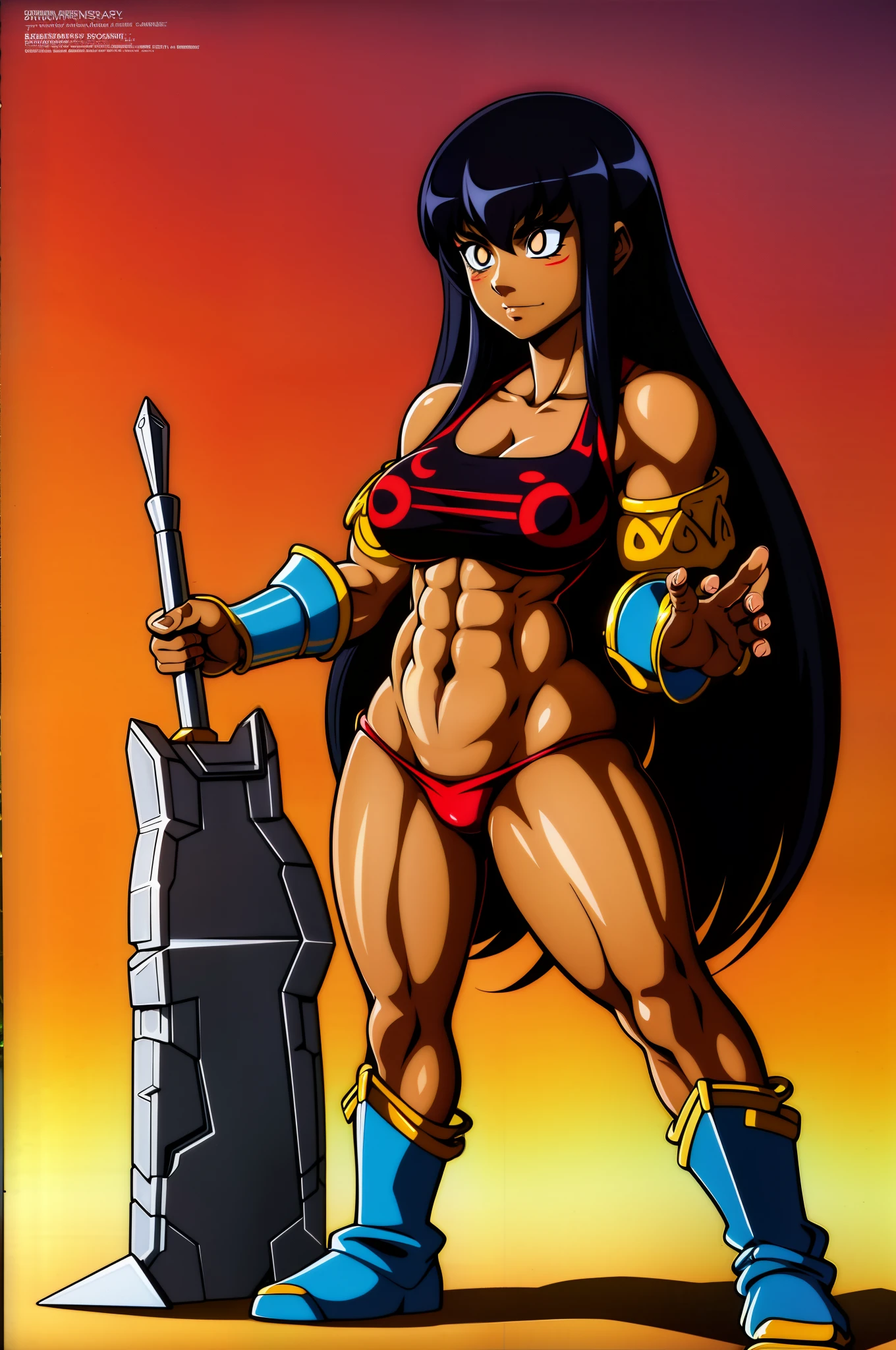gogo, long hair, black hair, tallgirl,darkskinned-female,, musclegirl, fantasy,barbarian,berserker,huge ,revealing cloths, full body, boots,