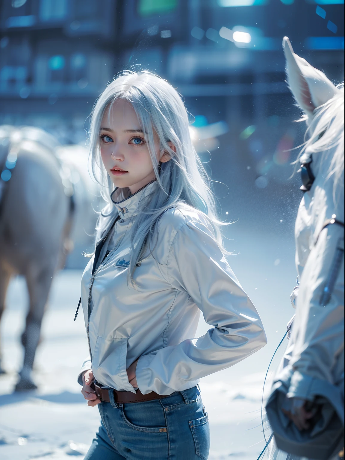 beautiful, young woman, in the crystal and ice area, fluttering snow, horse riding, a white hourse, gradient hair, white hair, blue hair, long hair, eye reflection, disdain, ray tracing, reflection light, blurry, glowing light, depth of field, chiaroscuro, stereogram, zoom layer, cowboy shot, f/2.8, bokeh, masterpiece, best quality, high quality, HD
