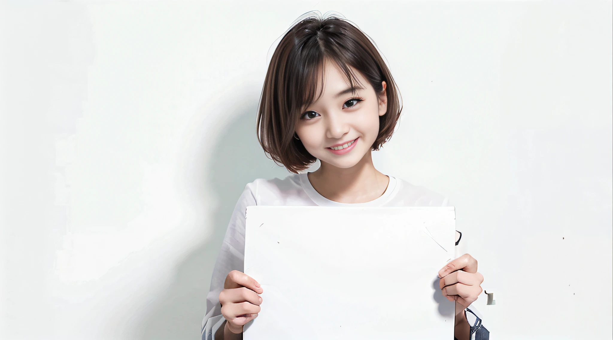 1 woman, she is holding a big signborad in front of her, short hair, smile, white t-shirt, simple background