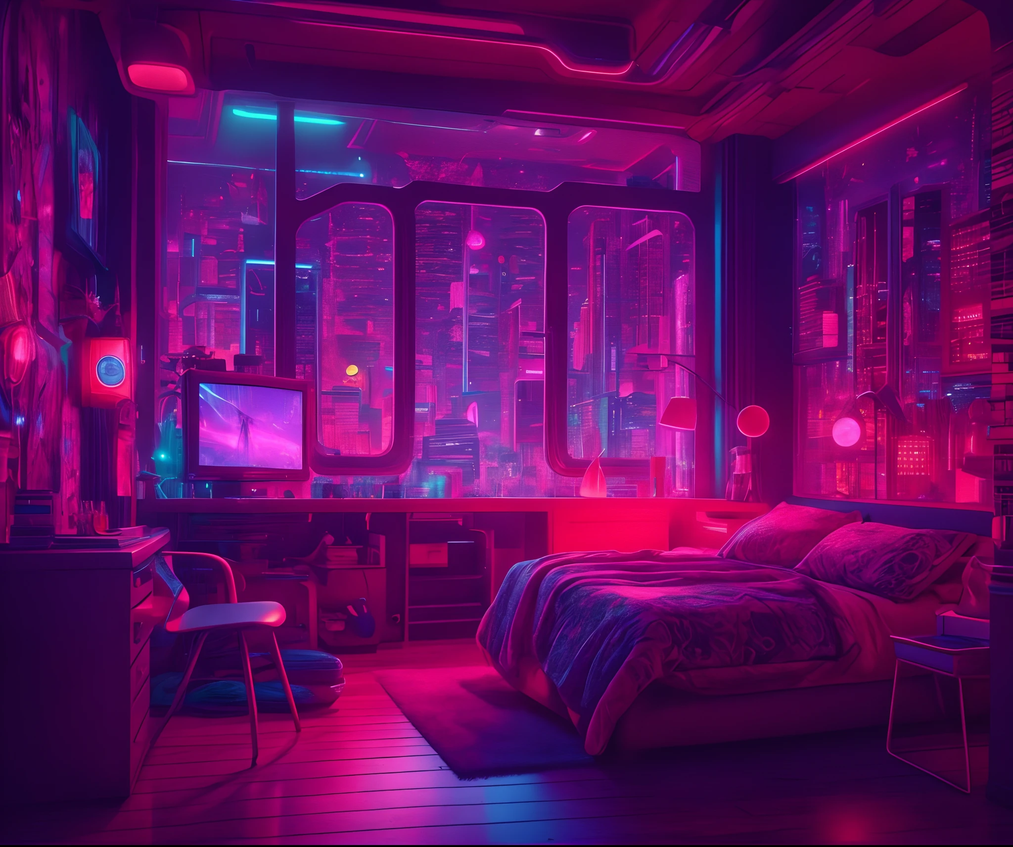 ((masterpiece)), (ultra-detailed), (intricate details), (high resolution CGI artwork 8k), Create an image of a small retro-futuristic and realistic antique (bedroom) at night time. One of the walls should feature a big window with a busy, colorful, and detailed (cyberpunk), synthwave, neon cityscape. The city should have a futuristic style with lots of colors, neon lights, signs, and differently-sized buildings. The cityscape should be extremely detailed with depth of field. The city should have a lot of visual interest with many small details. Utilize atmospheric and ambient lighting to create depth and evoke the feel of a busy futuristic city outside the window. Pay close attention to details like intricate, hires eyes and 90s bedroom accents. Camera: wide shot showing the bed or desk and the window. The window should be the focal point of the image. Lighting: use atmospheric and volumetric lighting to enhance the cityscape details. The room should be illuminated by the neon lights from the cityscape.