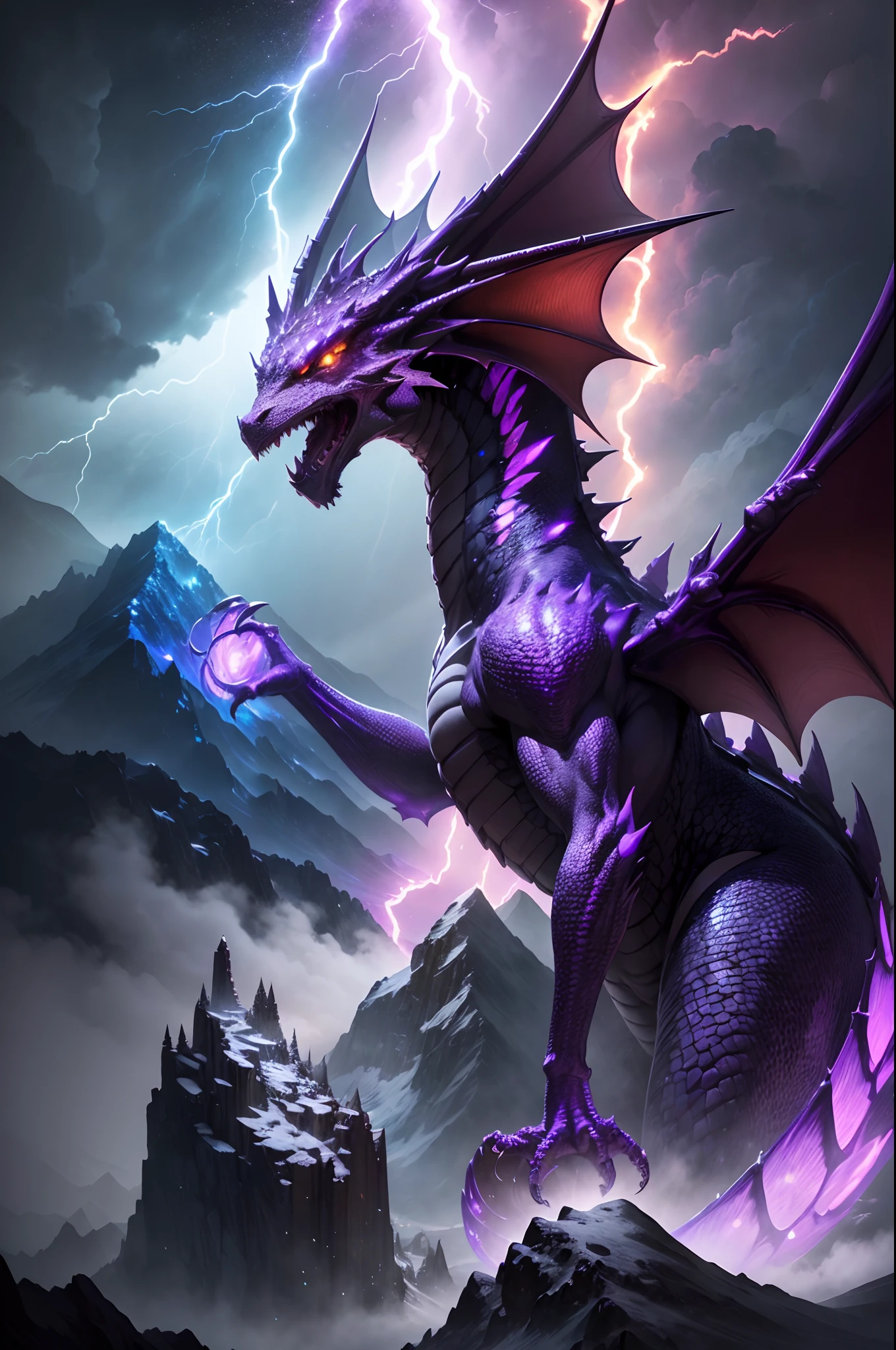 In this captivating piece, a majestic western dragon takes center stage, bathed in a rich palette of purple and black hues. The dragon's formidable presence is highlighted by its intricately scaled body, each scale shimmering with a mystical sheen. Its powerful wings are spread wide, displaying a gradient of deep purple fading into inky black at the tips, creating an ethereal glow against the night sky backdrop. The dragon's eyes are piercing, with a hint of ancient wisdom and untamed power, and its posture exudes both grace and strength, embodying the timeless essence of mythical legends.