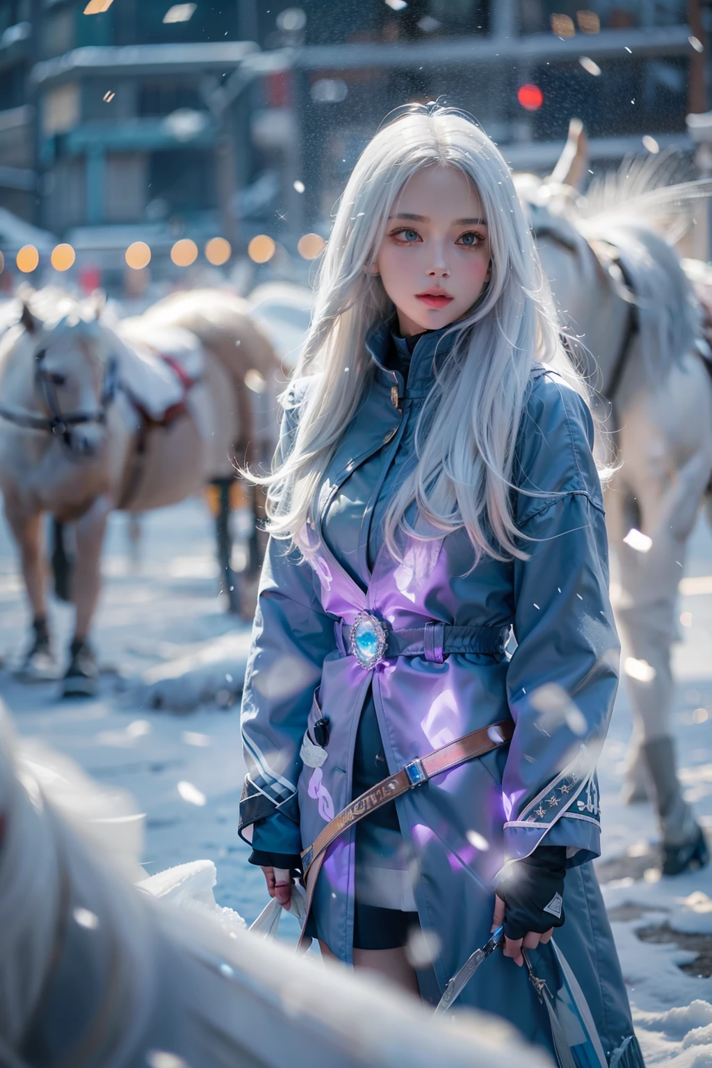 beautiful, young woman, in the crystal and ice area, fluttering snow, horse riding, a white hourse, gradient hair, white hair, blue hair, long hair, eye reflection, disdain, ray tracing, reflection light, blurry, glowing light, depth of field, chiaroscuro, stereogram, zoom layer, cowboy shot, f/2.8, bokeh, masterpiece, best quality, high quality, HD