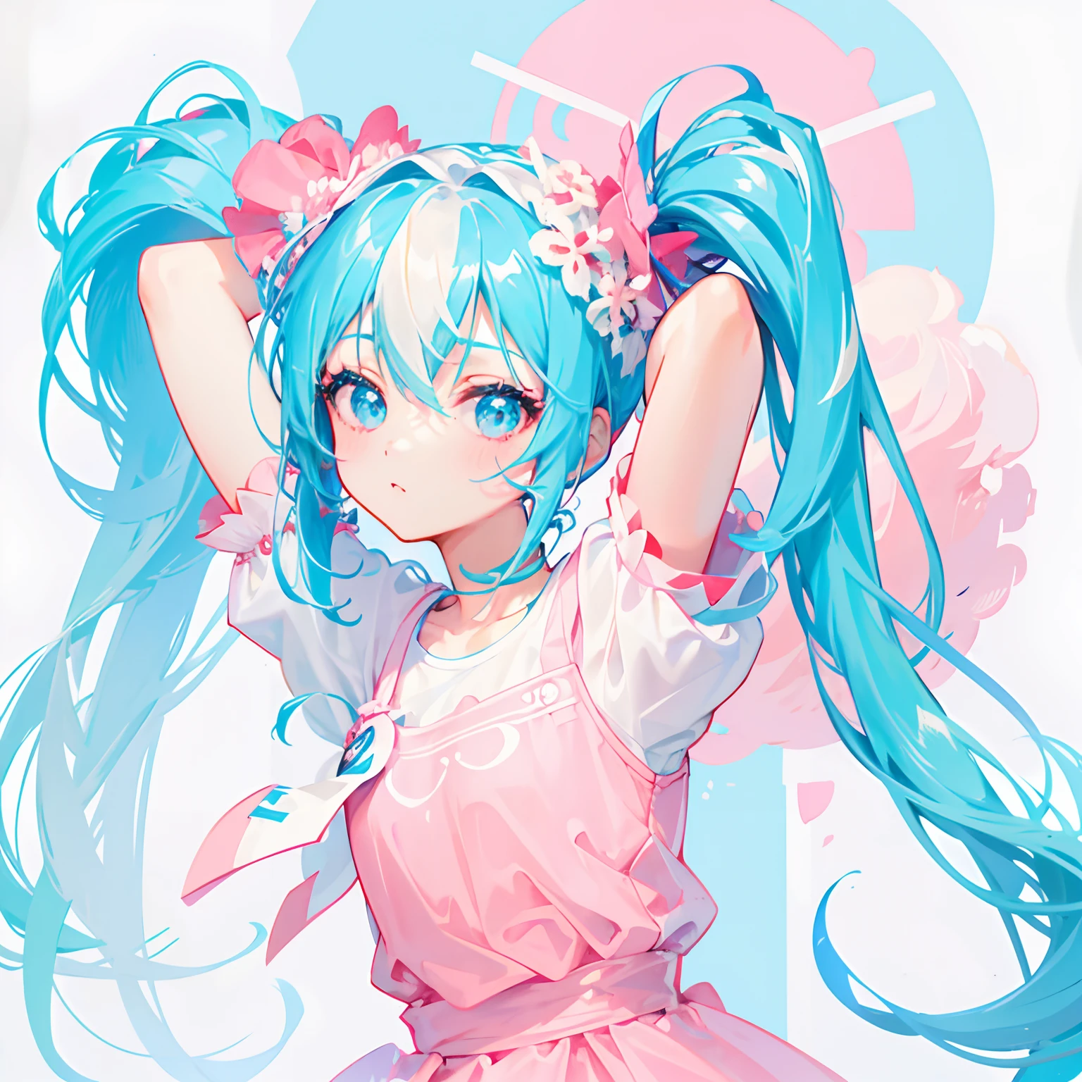 Chica de cabello azul y rosa, dos coletas grandes, ojos cyan, camisa rosa con blanco, mano en V, Hatsune Miku, hermosa