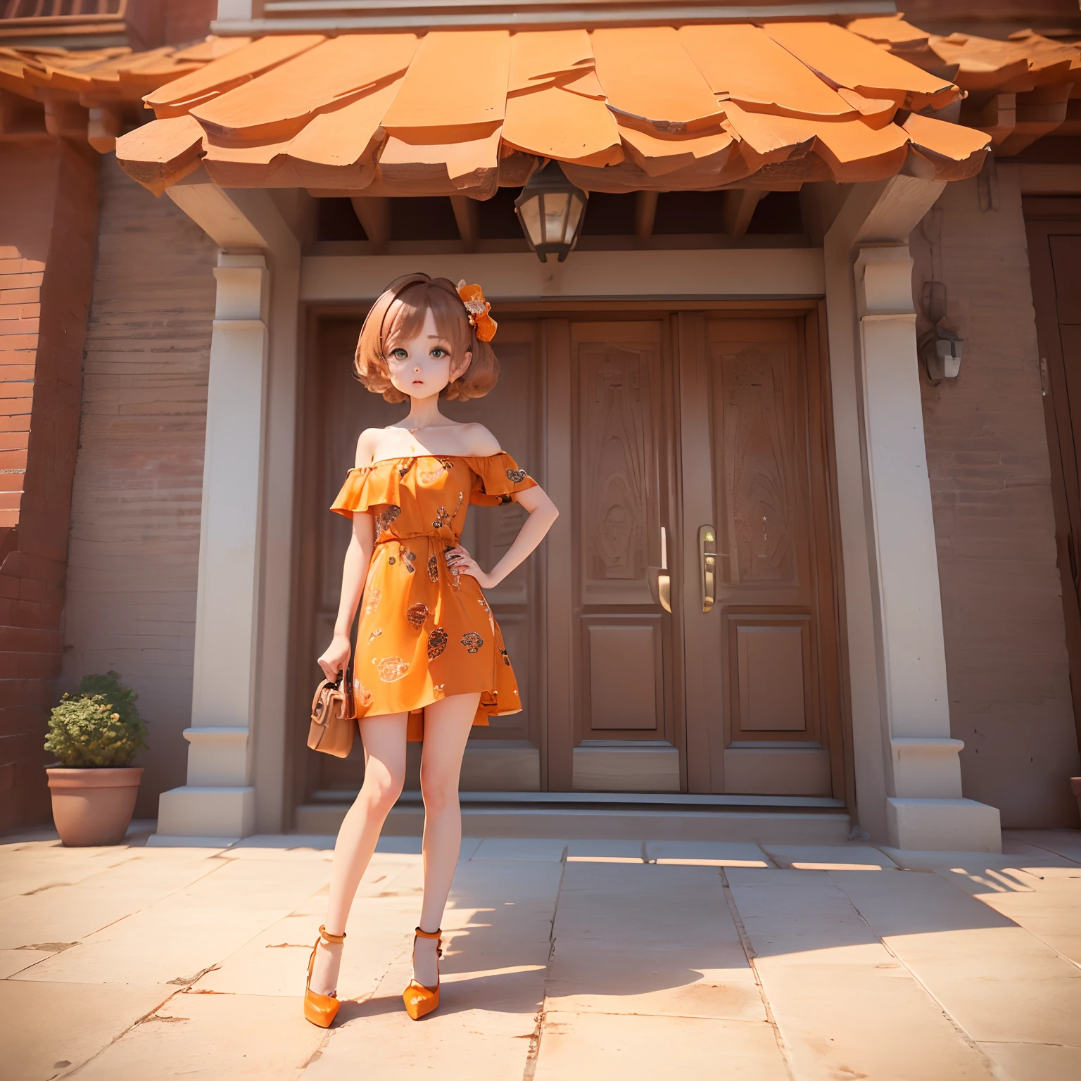 Cute Baby Chibi Anime、(((Chibi 3D)))(Best Quality),(masutepiece)、Orange Barge Hair、(Brown Jasper Pattern Off Shoulder Dress:1.4)、Put one hand on your hip、Stand with your legs open、Orange Heel、Orange shoulder bag、takeout、Long brick staircase、a small face、petite body、(tchibi:1.2)