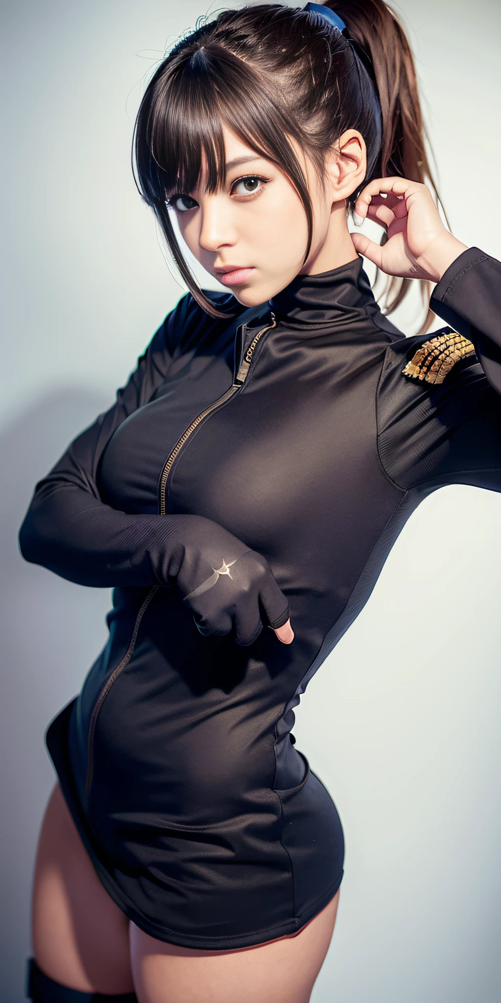 only 1 girl, folded_ponytail, guantes, pistola, militar, nano_miniskirt de mitad de largo en military_uniform, rifle, cielo, solo, plano americano, Jack O Pose, arma mirando al espectador, obra maestra, mejor calidad,
