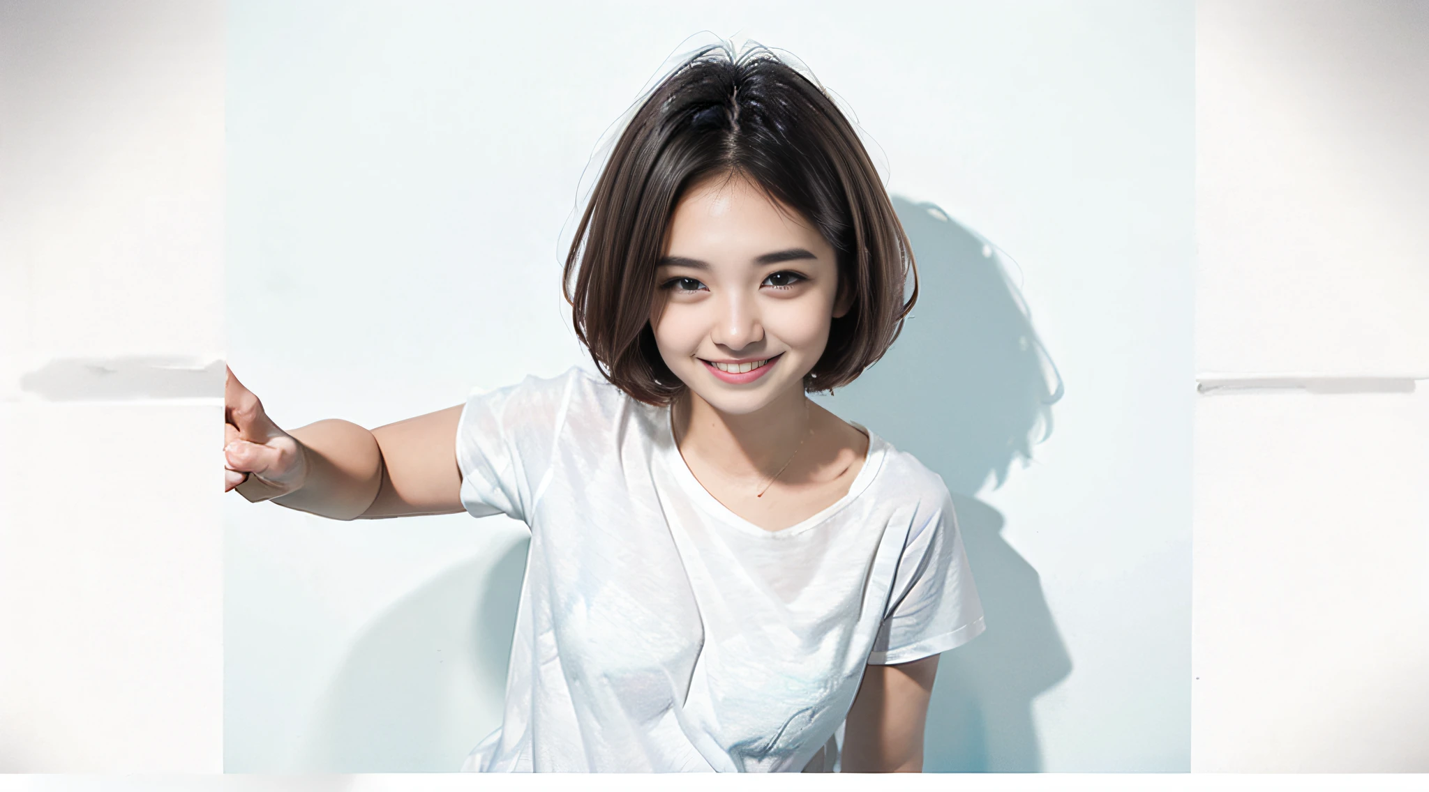 1 woman, big signborad, short hair, smile, white t-shirt, simple background