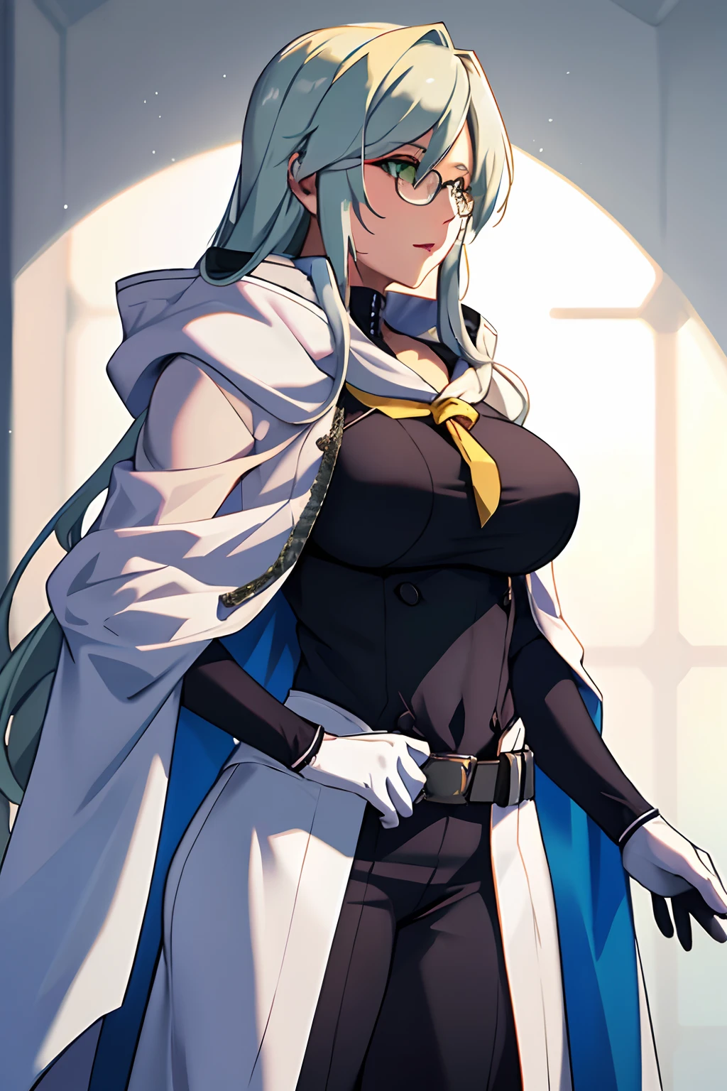 A 45-year-old woman with big chests wearing a white captain's outfit with a white overcoat on top as she touches her glasses with her right hand, green eyes and long golden hair down to her back