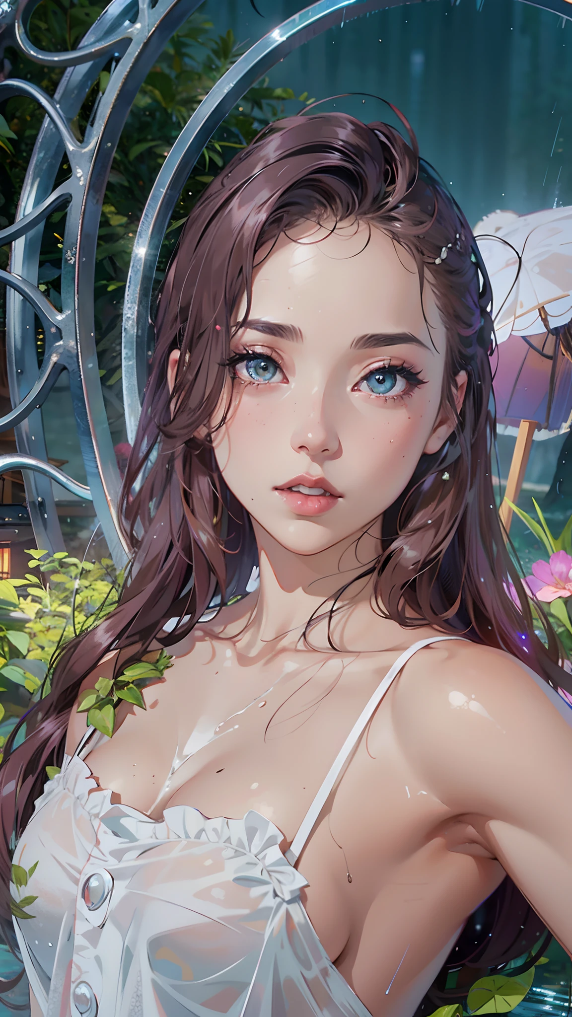 1girl, breasts, moon, lantern, night, solo, large breasts, hair ornament, wet, kimono, japanese clothes, wading, water, hair flower, flower, outdoors, sky, full moon, rain, black hair, off shoulder, mountain, cloud, holding, sash, bare shoulders, paper lantern, standing, white kimono, night sky, sideboob, obi, wet clothes, bangs, tree, from side, reflection, short hair, cloudy sky, wet hair (((masterpiece),(extremely detailed CG unity 8k wallpaper),best quality,,solo,1girl,cinematic lighting,detailed background,beautiful detailed eyes,bright pupils, (an extremely delicate and beautiful),(Beautiful and detailed eye description), ultra-detailed,masterpiece,)),
