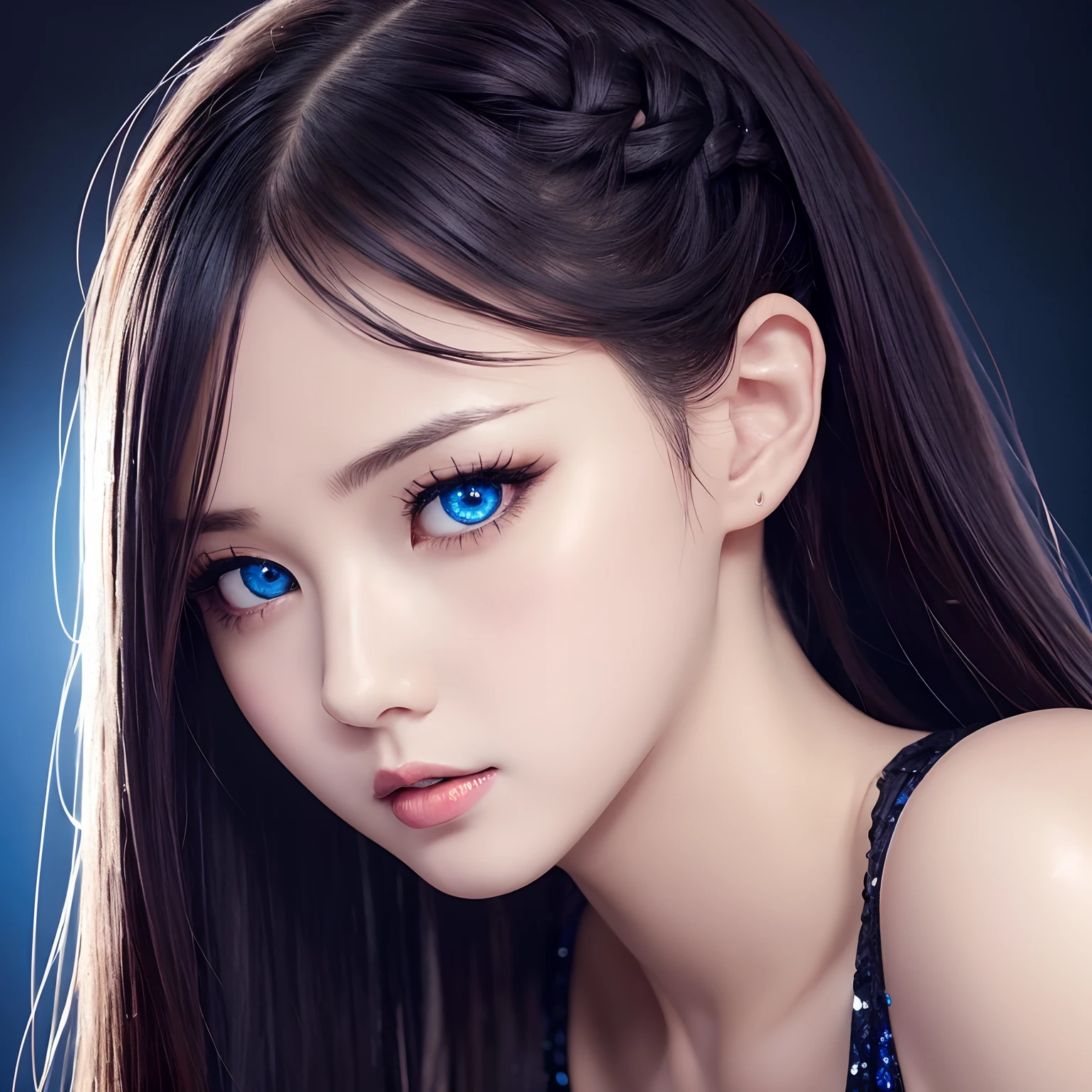 finest image, portrait, female, sexy, beautiful, cute, flat chest, abs, slender, amorous expression, lewd expression, orgasm, black glossy braided bangs hair, blue sparkling big eyes, double eyelids, professional lighting
