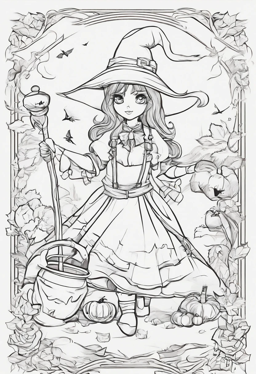 Small and cute witch in anime style、Anime girl witch mixing cauldron、Lots of jack-o'-lantern backgrounds、high-level image quality、Precision painting、4K、Hero Academia Style Art