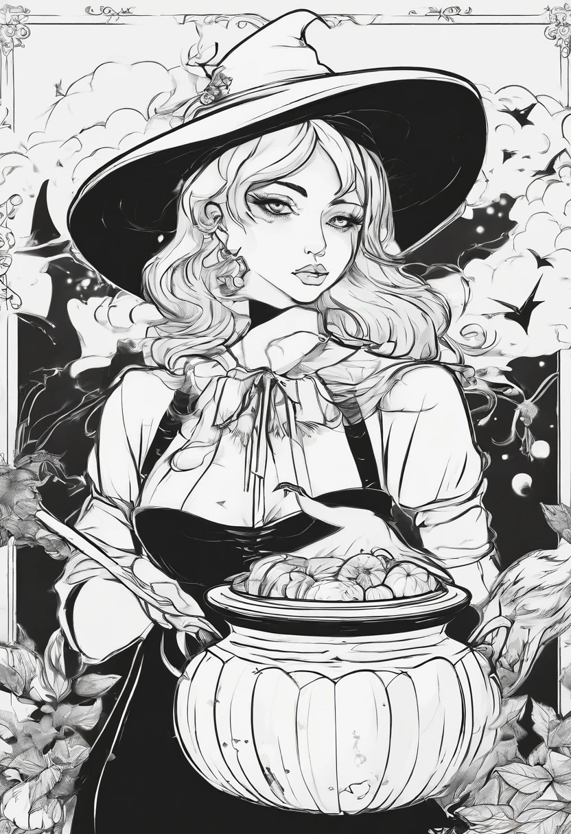 Small and cute witch in anime style、Anime girl witch mixing cauldron、Lots of jack-o'-lantern backgrounds、high-level image quality、Precision painting、4K、Hero Academia Style Art