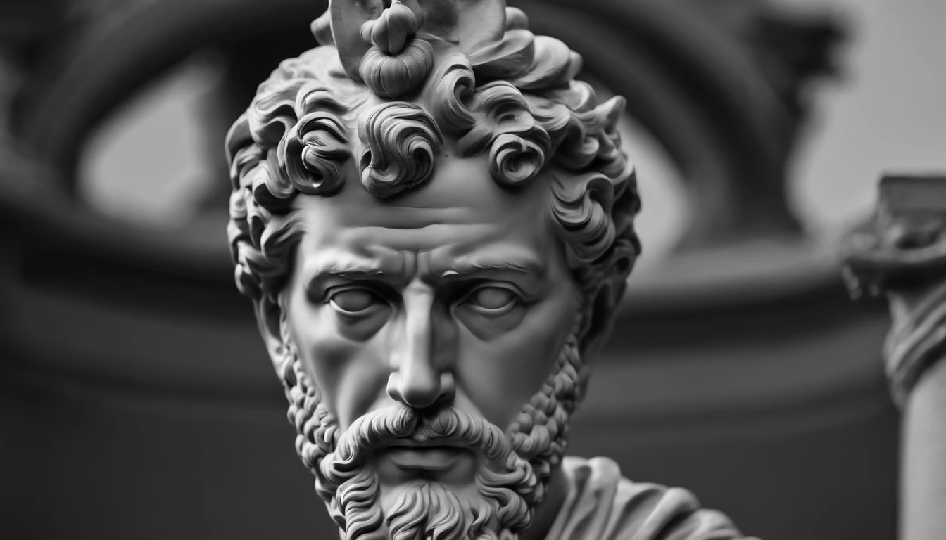 a portrait statue of the stoic Marcus Aurelius in black and white 4K,Face de lado, papel de parede super realista, sem camisa, corpo forte,