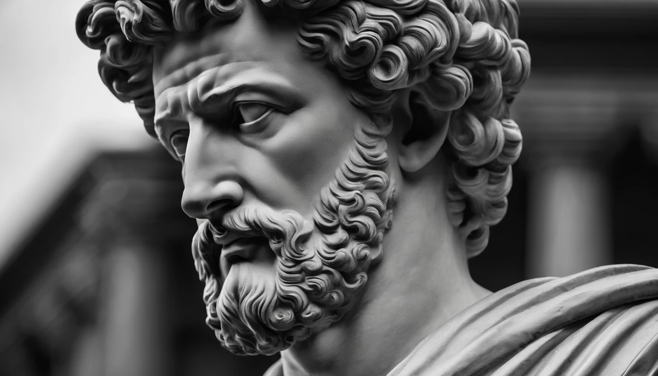 a portrait statue of the stoic Marcus Aurelius in black and white 4K,Face de lado, papel de parede super realista, sem camisa, corpo forte,