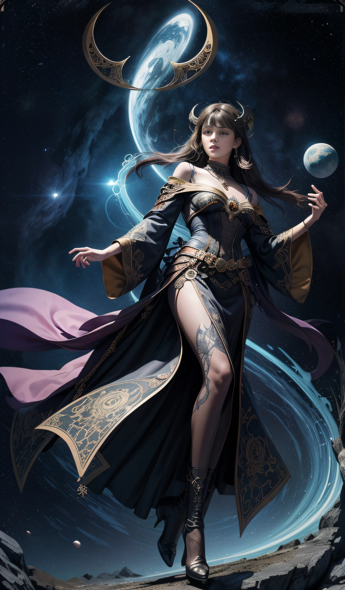 (masterpiece,High quality,Top quality,super detail, best quality ,)1women,prophet,stars blue-purple outfit,brown hair,full body,Tall,beautiful,30 years old,Face details,Skin details,