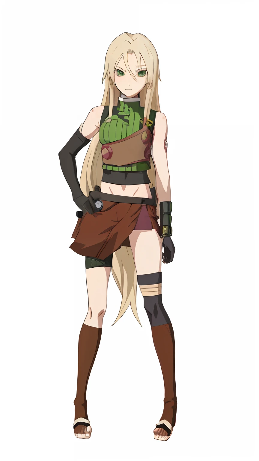 anime girl with long blonde hair and green top and brown skirt, inspired by INO, tsunade from naruto, gravity rush inspired, kunoichi, rogue anime girl, anime style character, female anime character, inspired by Sakai Hōitsu, inspired by Leiko Ikemura, anime woman fullbody art