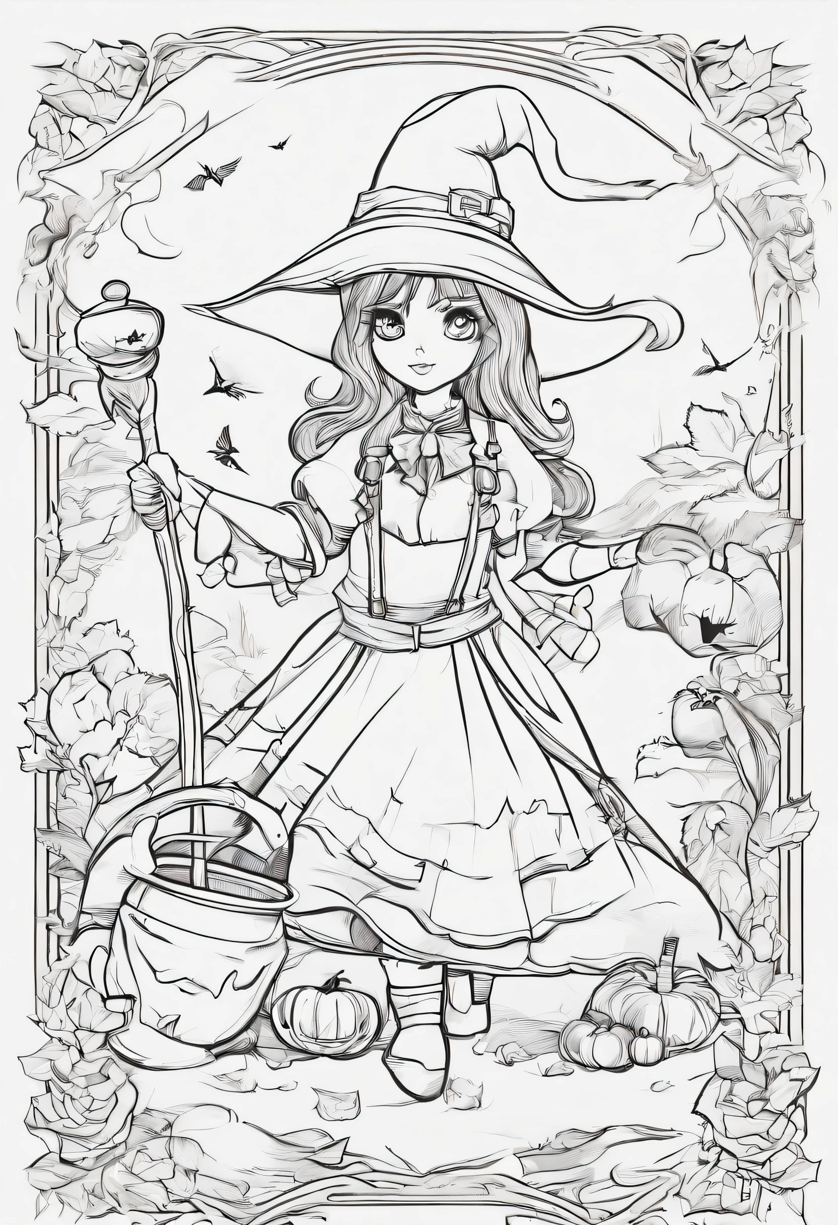 Small and cute witch in anime style、Anime girl witch mixing cauldron、Lots of jack-o'-lantern backgrounds、high-level image quality、Precision painting、4K、Hero Academia Style Art